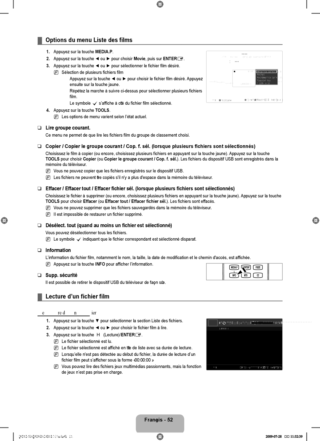 Samsung 8500 user manual Options du menu Liste des films, Lecture d’un fichier film 