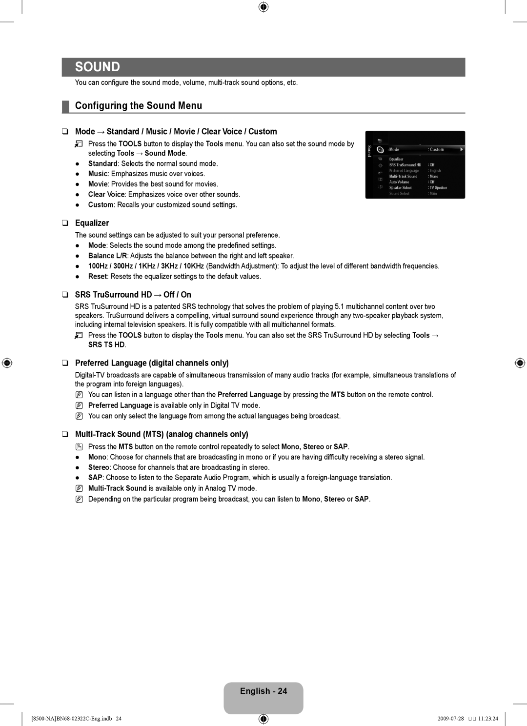 Samsung 8500 user manual Configuring the Sound Menu 