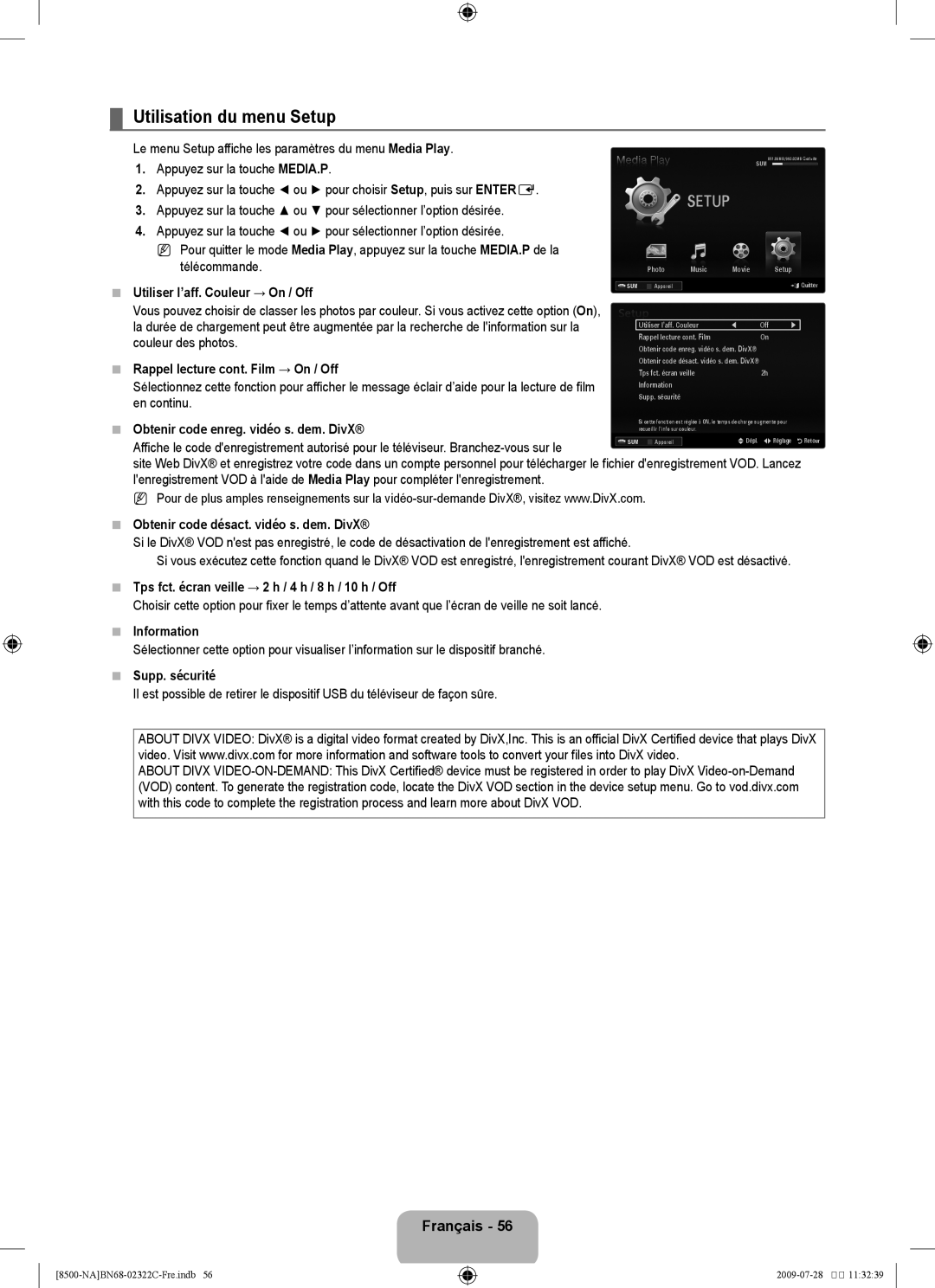 Samsung 8500 user manual Utilisation du menu Setup 