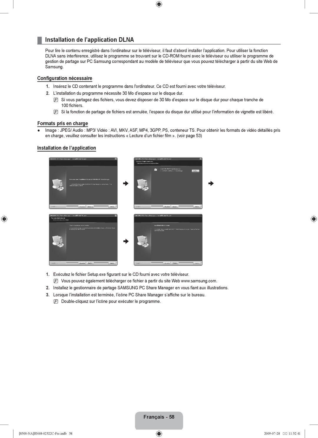 Samsung 8500 user manual Installation de l’application Dlna, Configuration nécessaire, Formats pris en charge 