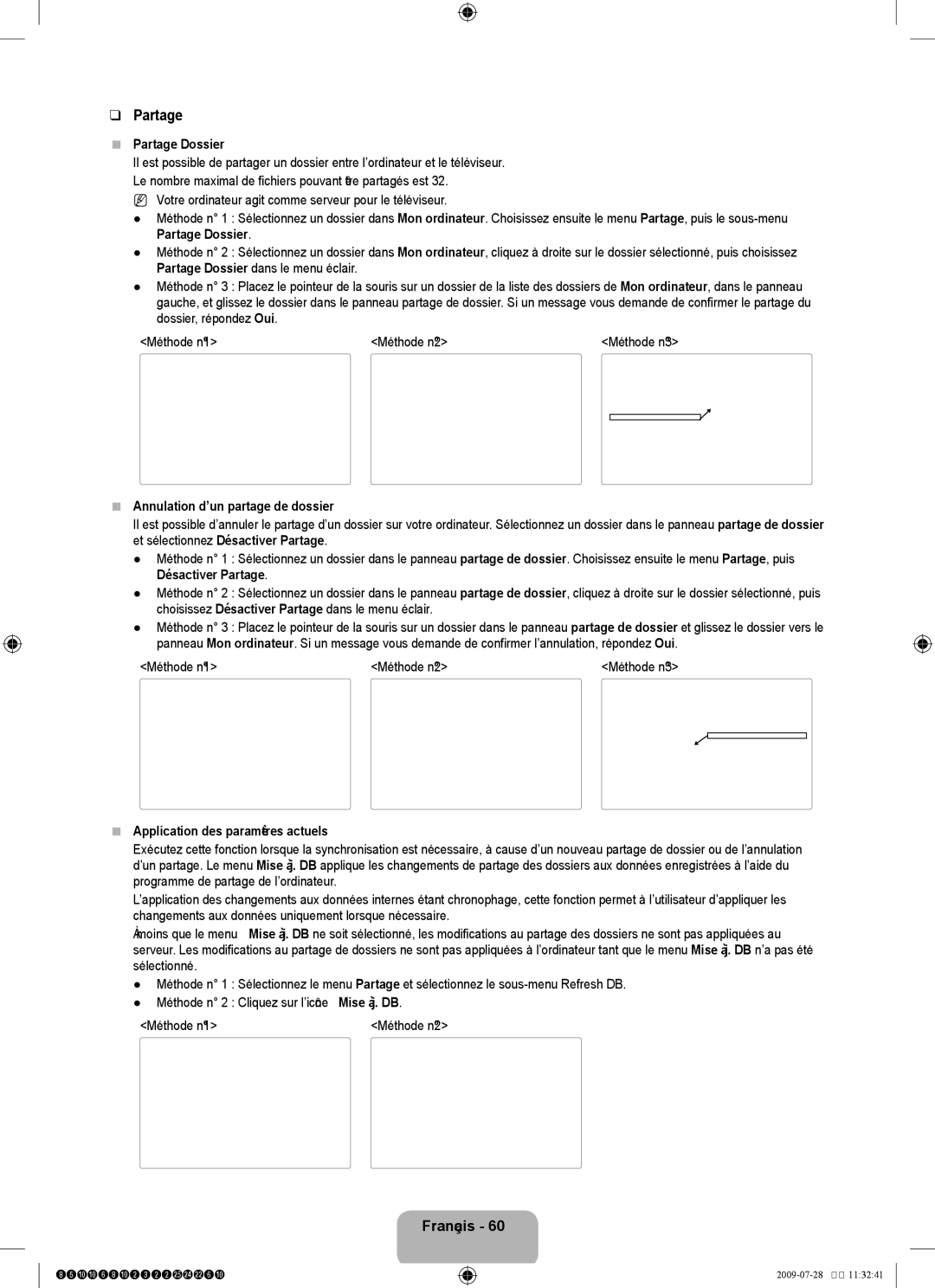 Samsung 8500 user manual Partage Dossier, Annulation d’un partage de dossier, Méthode nº1 Méthode nº2 