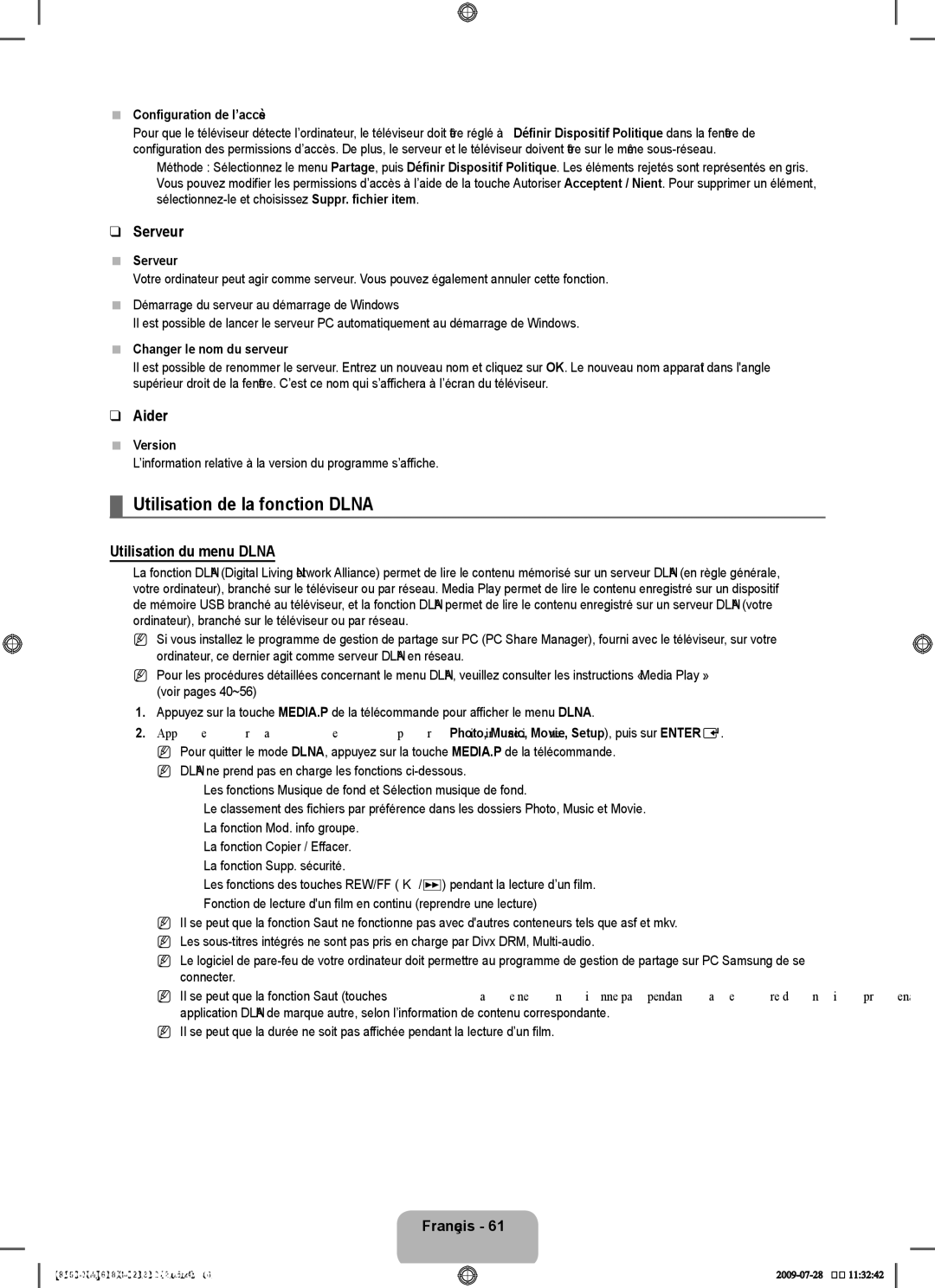 Samsung 8500 user manual Utilisation de la fonction Dlna, Serveur, Aider, Utilisation du menu Dlna 