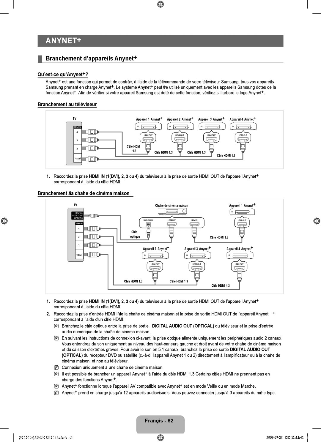 Samsung 8500 user manual ANyNET+, Branchement d’appareils Anynet+, Qu’est-ce qu’Anynet+?, Branchement au téléviseur 