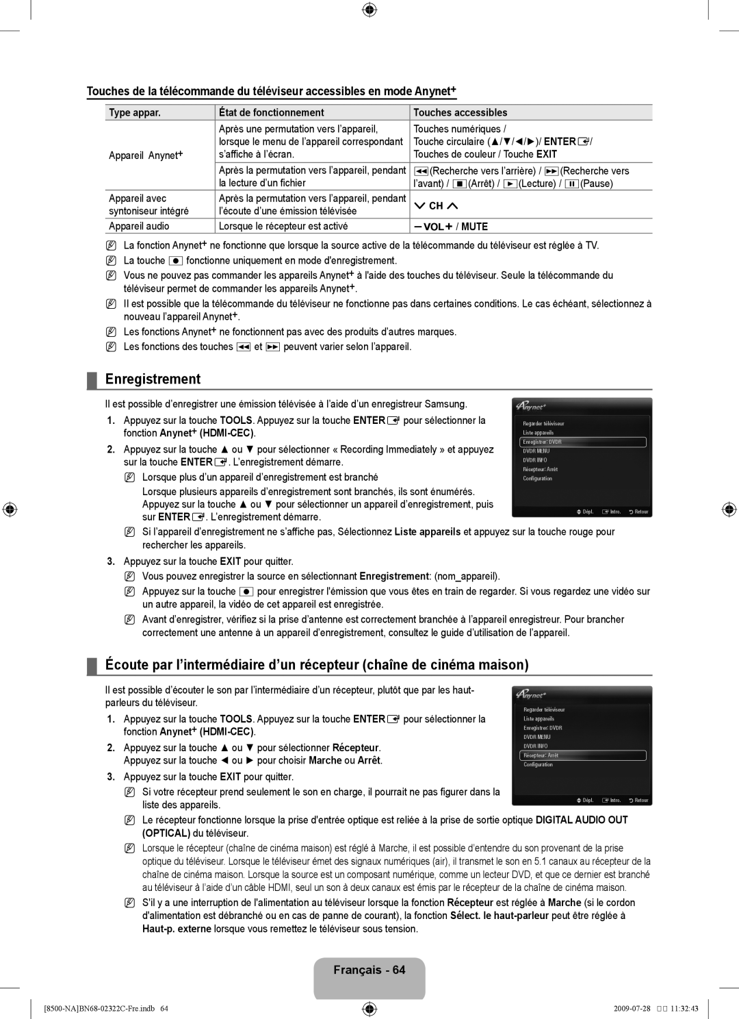 Samsung 8500 Enregistrement, Type appar État de fonctionnement Touches accessibles, Touche circulaire //// Entere 