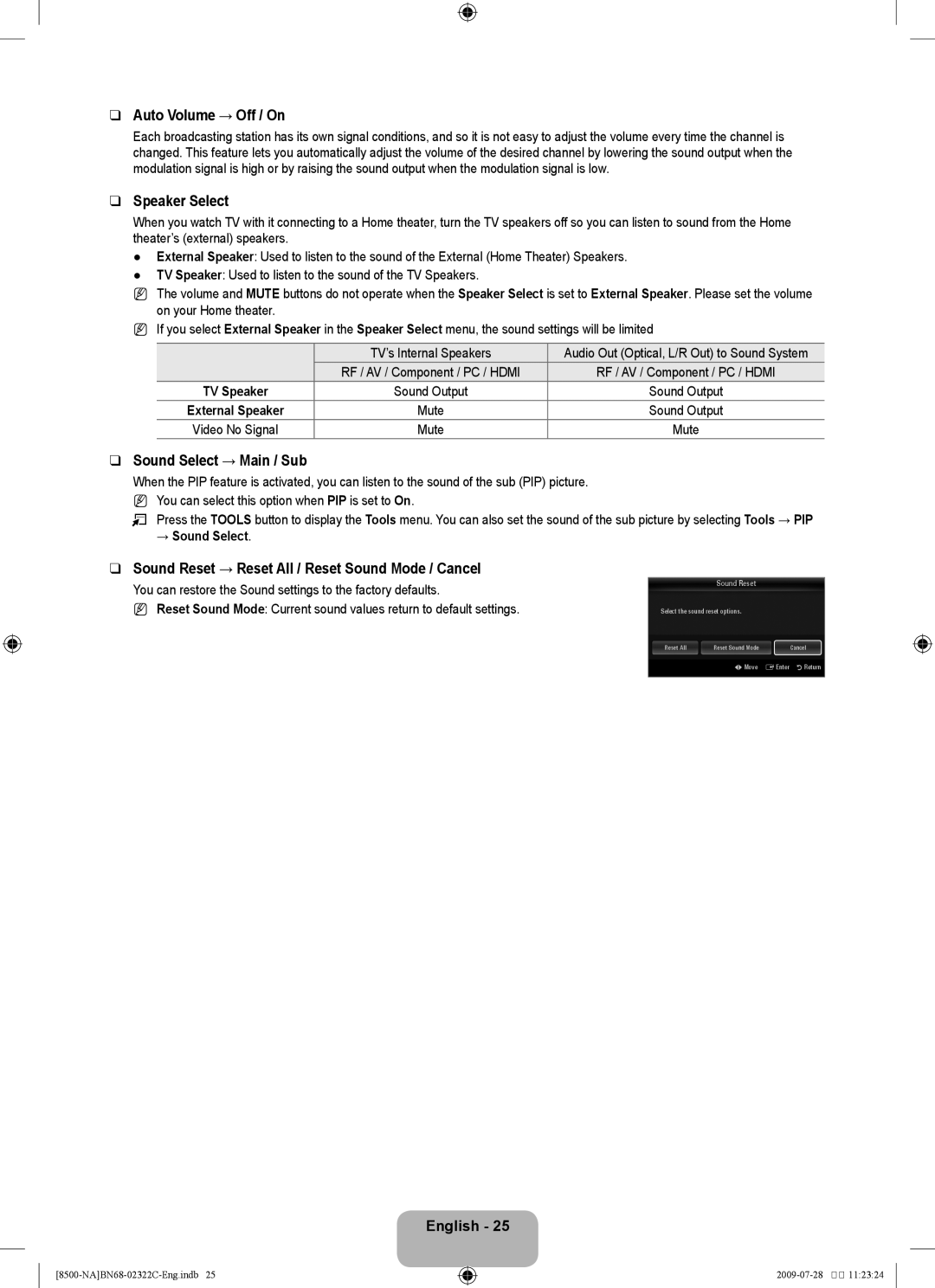 Samsung 8500 user manual Auto Volume → Off / On, Speaker Select, Sound Select → Main / Sub, → Sound Select 