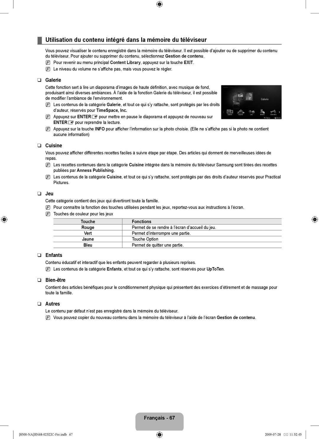 Samsung 8500 user manual Galerie, Cuisine, Jeu, Enfants, Bien-être, Autres 