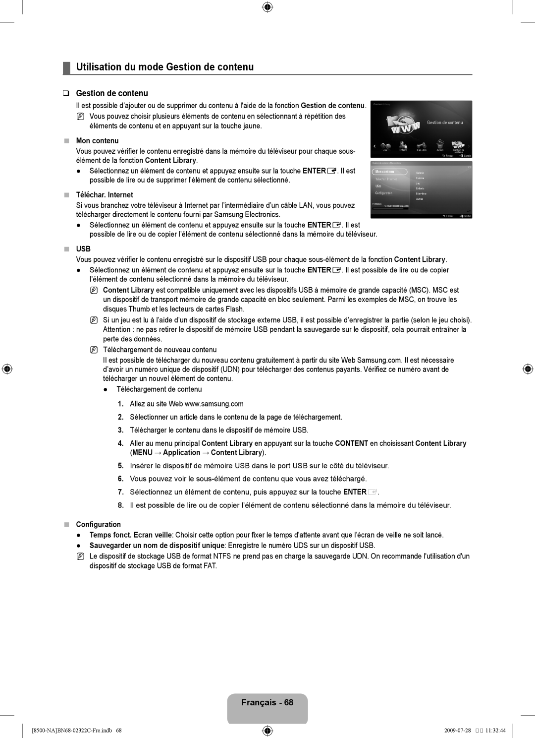 Samsung 8500 user manual Utilisation du mode Gestion de contenu, Mon contenu, Téléchar. Internet, Configuration 