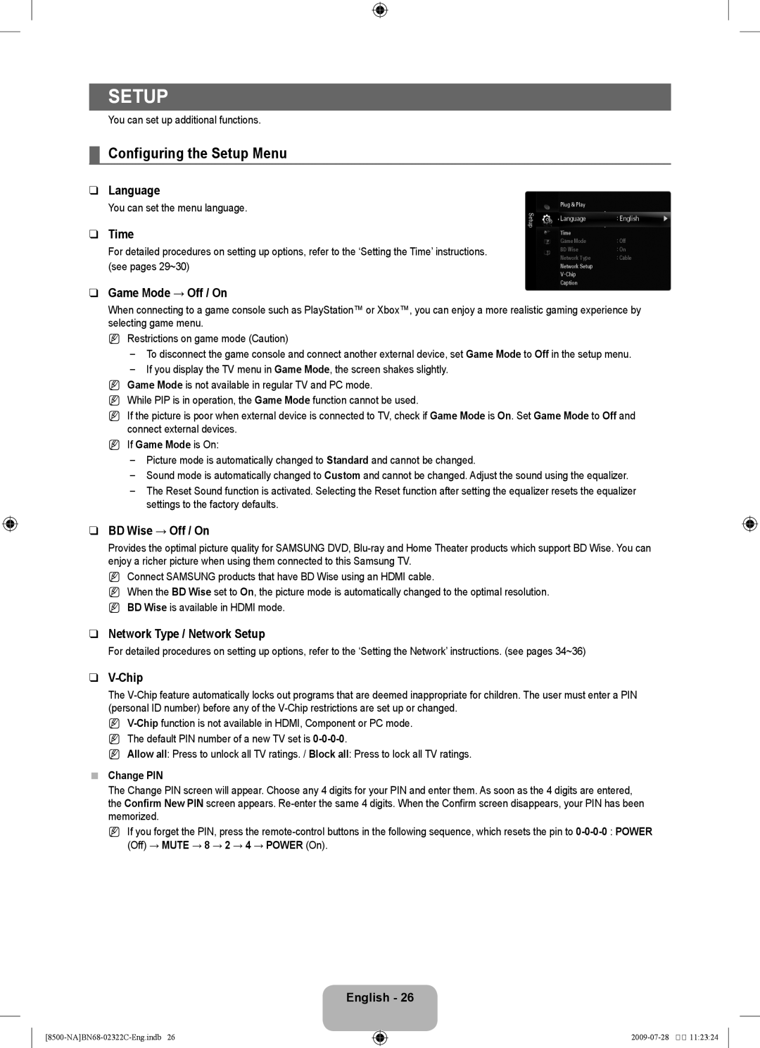 Samsung 8500 user manual Configuring the Setup Menu 