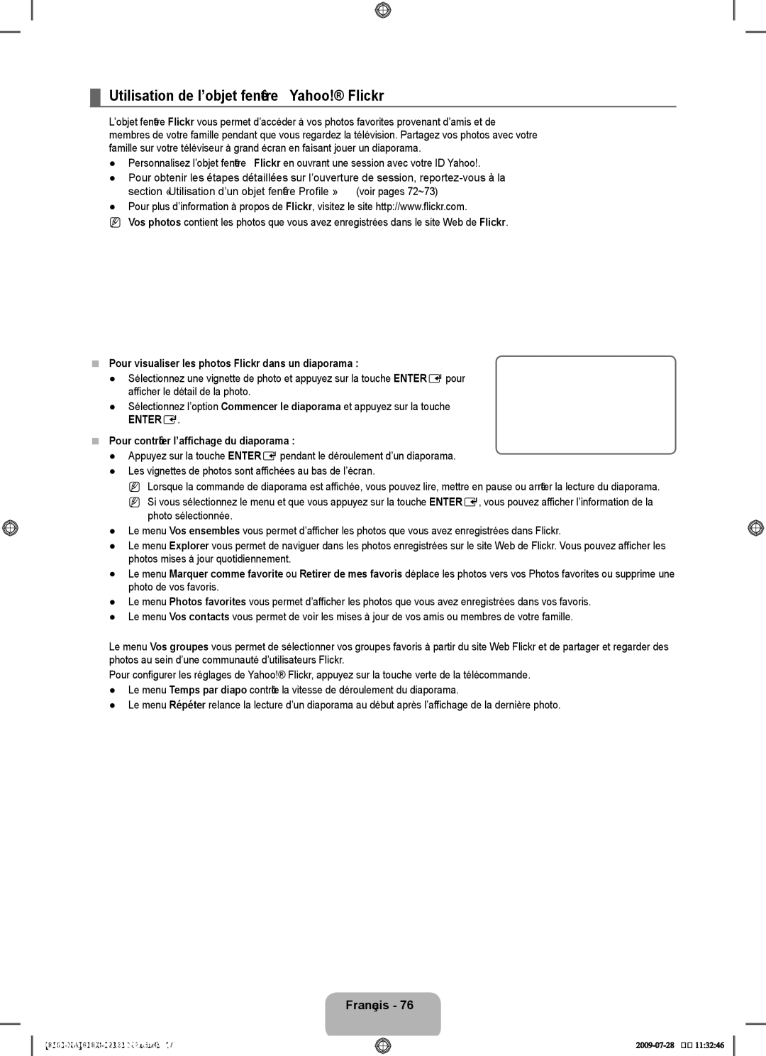 Samsung 8500 user manual Utilisation de l’objet fenêtre Yahoo! Flickr, Pour visualiser les photos Flickr dans un diaporama 