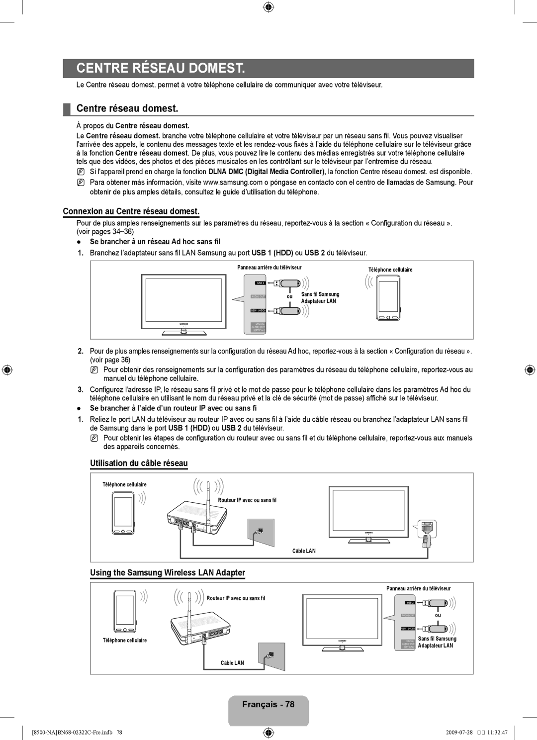 Samsung 8500 user manual Connexion au Centre réseau domest, Utilisation du câble réseau 