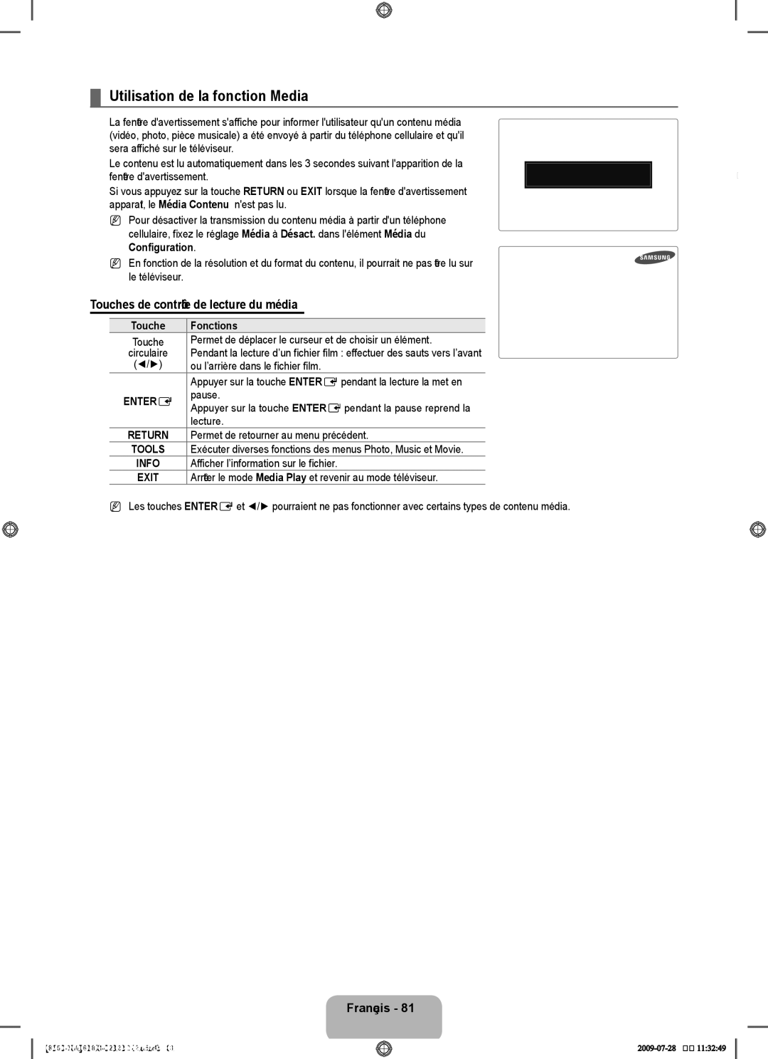 Samsung 8500 user manual Utilisation de la fonction Media, Touches de contrôle de lecture du média 