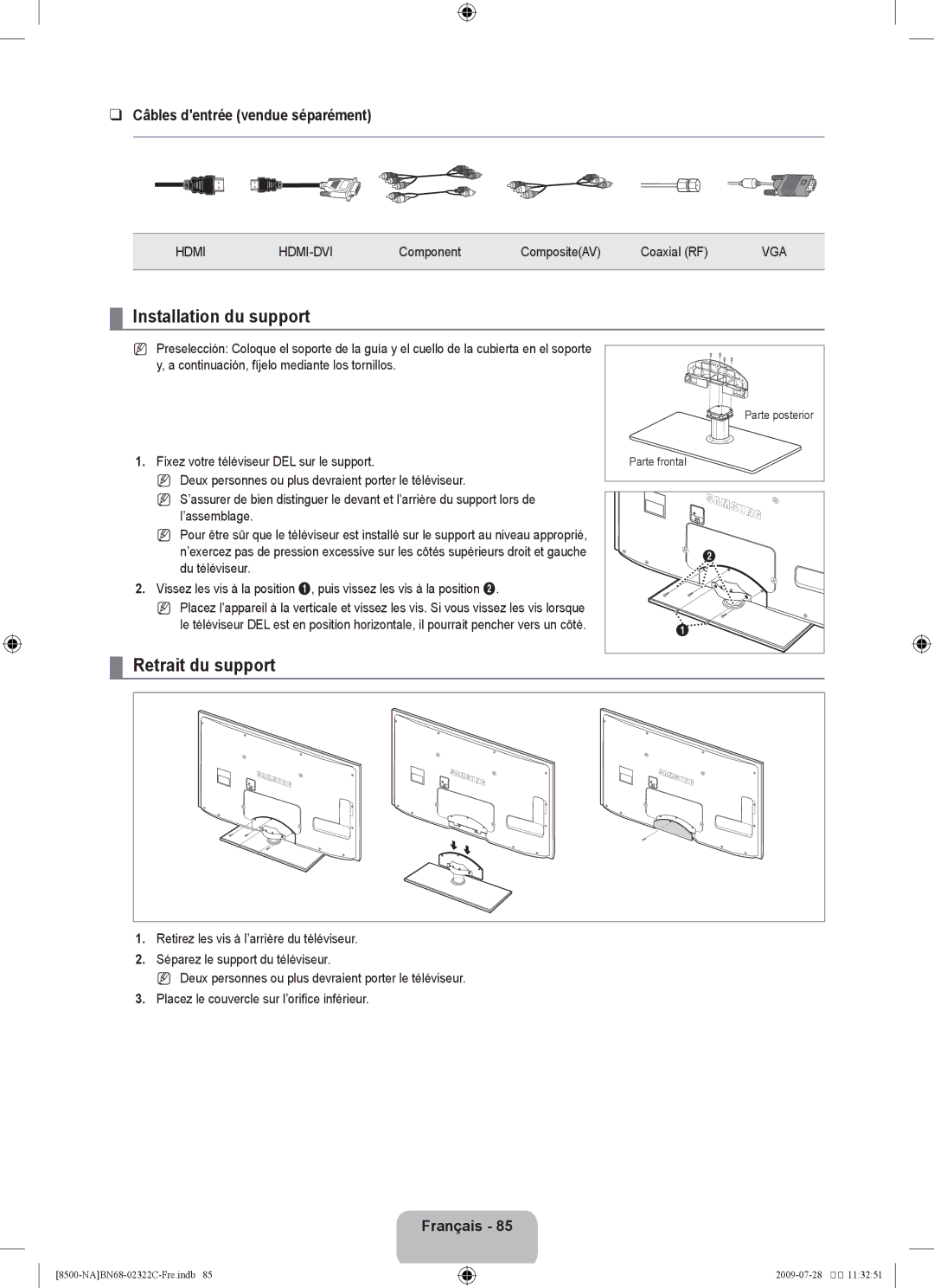 Samsung 8500 user manual Installation du support, Retrait du support, Câbles dentrée vendue séparément 