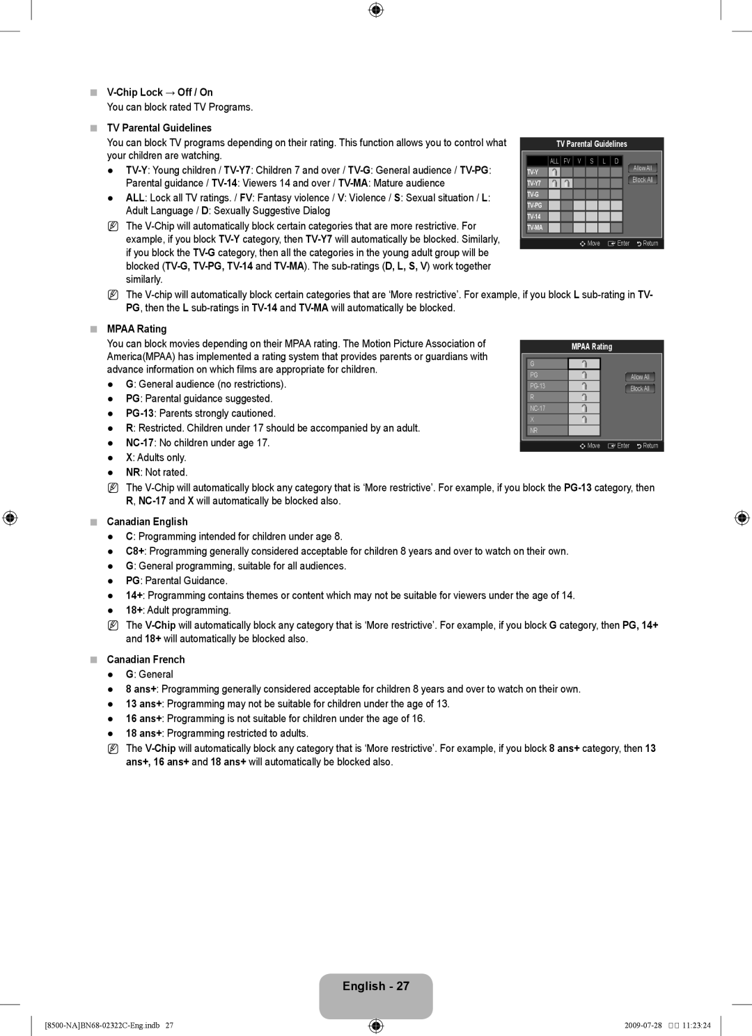 Samsung 8500 user manual Chip Lock → Off / On, TV Parental Guidelines, Mpaa Rating, Canadian English, Canadian French 