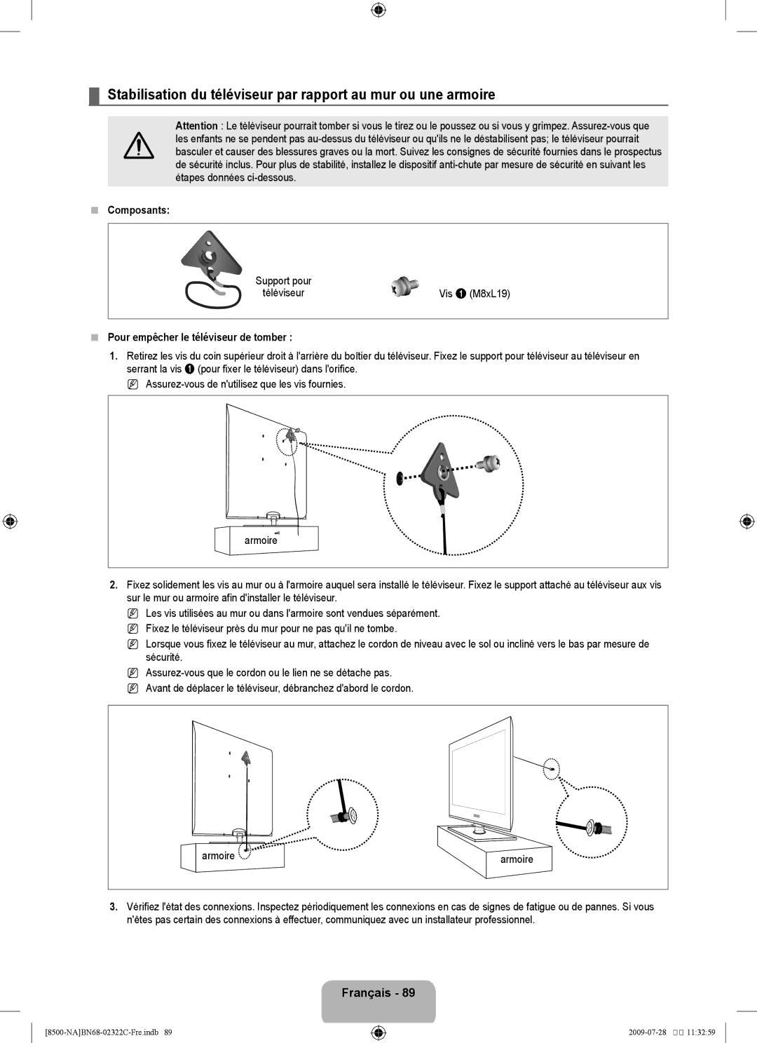 Samsung 8500 user manual  Composants,  Pour empêcher le téléviseur de tomber 