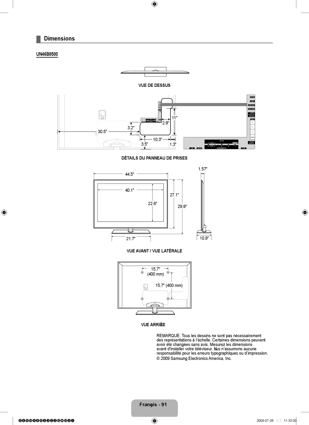 Samsung 8500 user manual VUE DE Dessus, Détails DU Panneau DE Prises, VUE Avant / VUE Latérale, VUE Arrière 