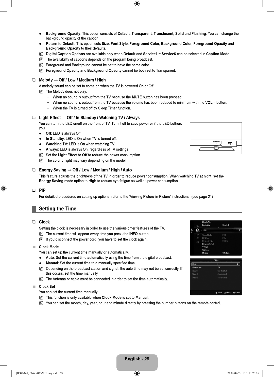 Samsung 8500 Setting the Time, Melody → Off / Low / Medium / High, Light Effect → Off / In Standby / Watching TV / Always 