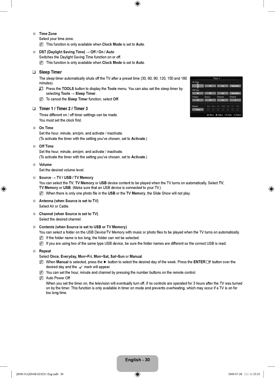 Samsung 8500 user manual Sleep Timer, Timer 1 / Timer 2 / Timer 