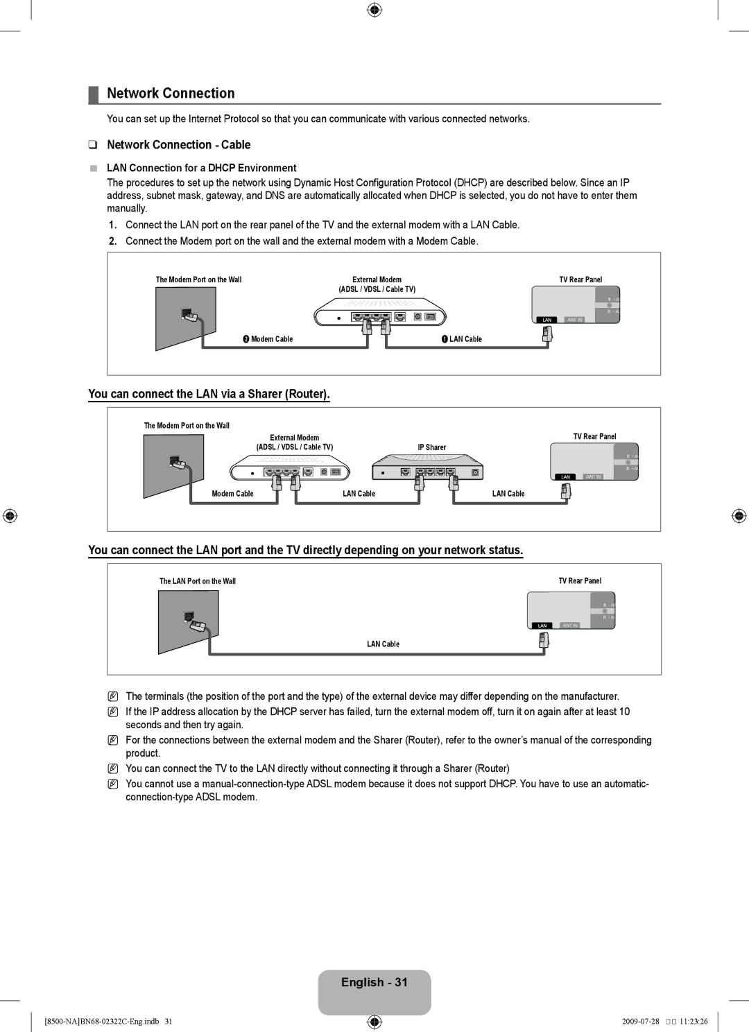 Samsung 8500 user manual Network Connection Cable, You can connect the LAN via a Sharer Router 