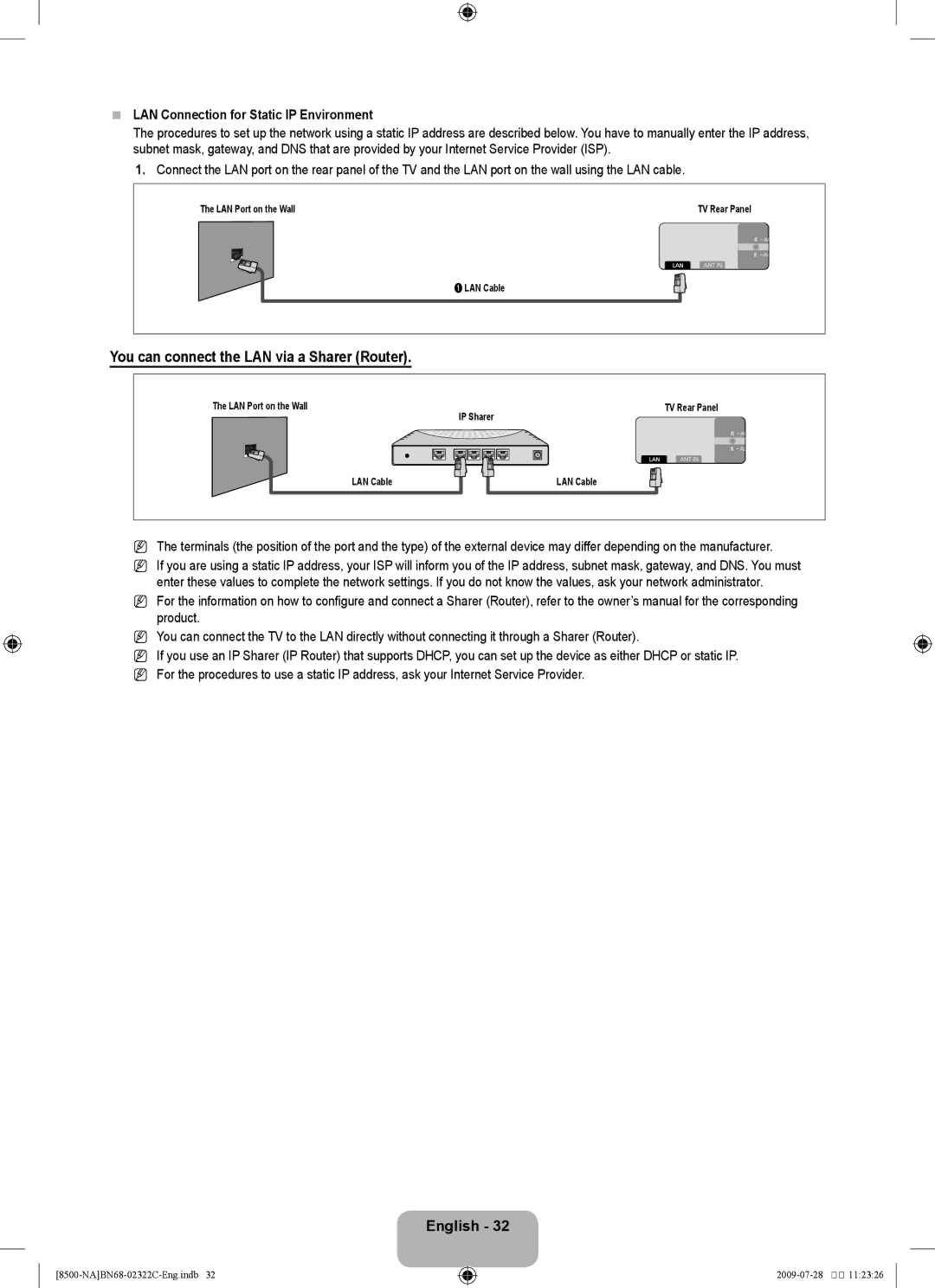 Samsung 8500 user manual LAN Connection for Static IP Environment 