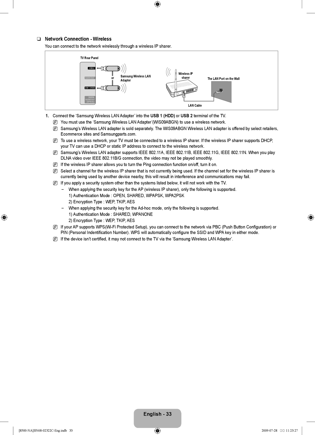 Samsung 8500 user manual Network Connection Wireless 