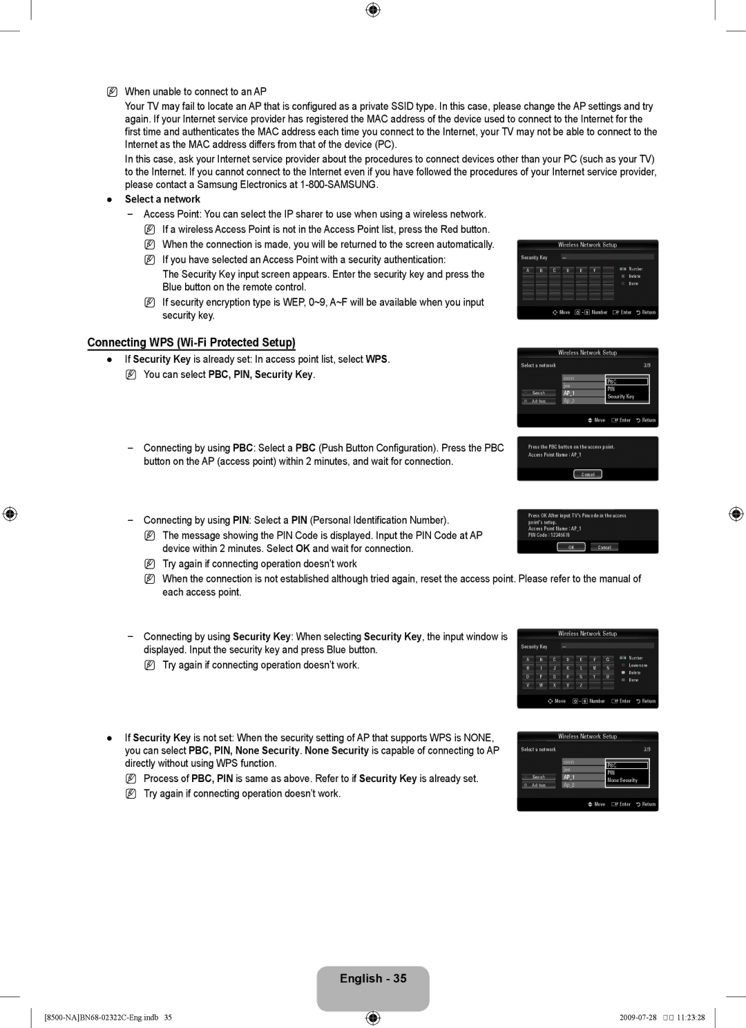 Samsung 8500 user manual Connecting WPS Wi-Fi Protected Setup, When unable to connect to an AP, Select a network 