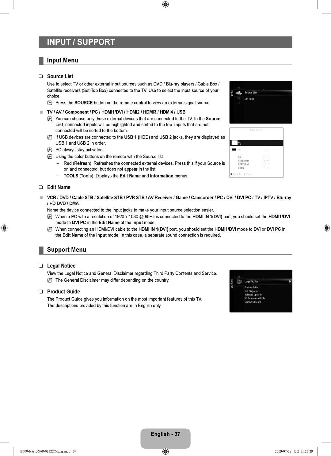 Samsung 8500 user manual Input / Support, Input Menu, Support Menu 