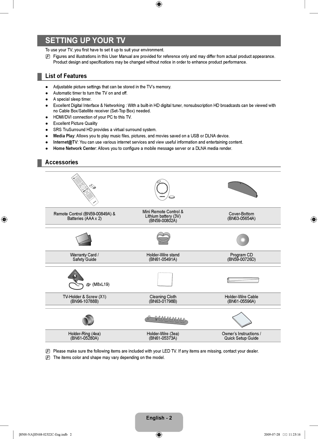 Samsung 8500 user manual Setting up Your TV, List of Features, Accessories, M8xL19 