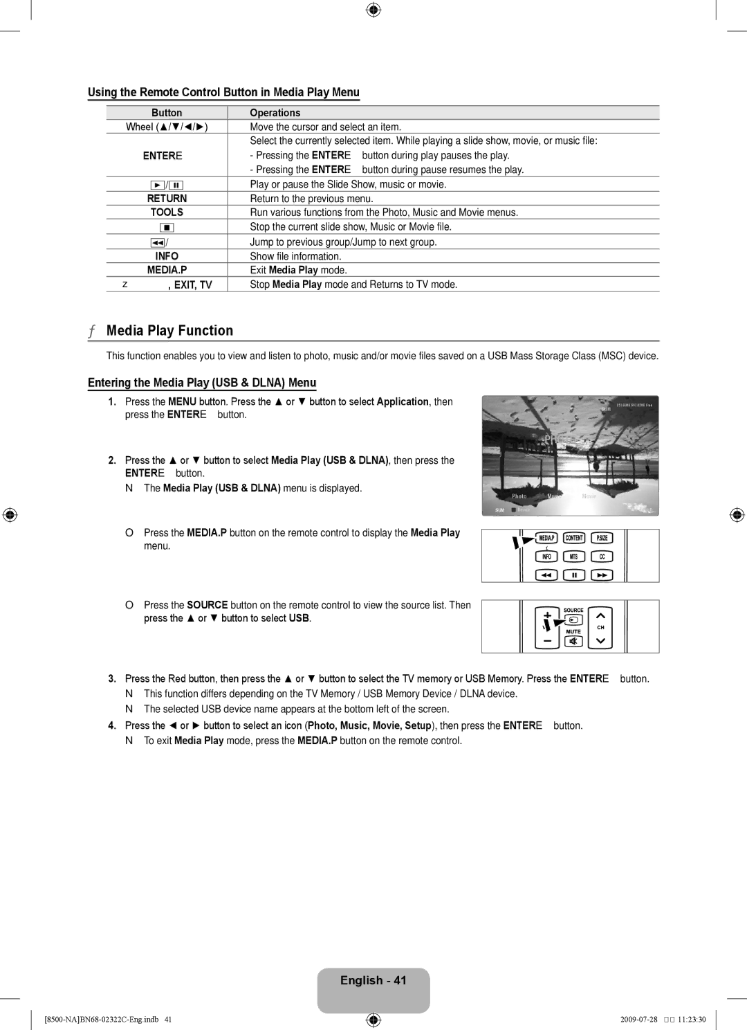 Samsung 8500 user manual Media Play Function, Using the Remote Control Button in Media Play Menu 