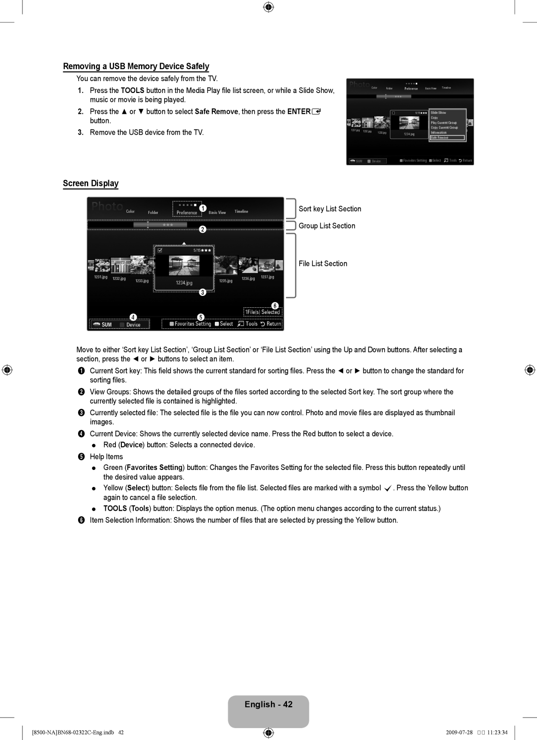 Samsung 8500 user manual Removing a USB Memory Device Safely, Screen Display, Sort key List Section Group List Section 