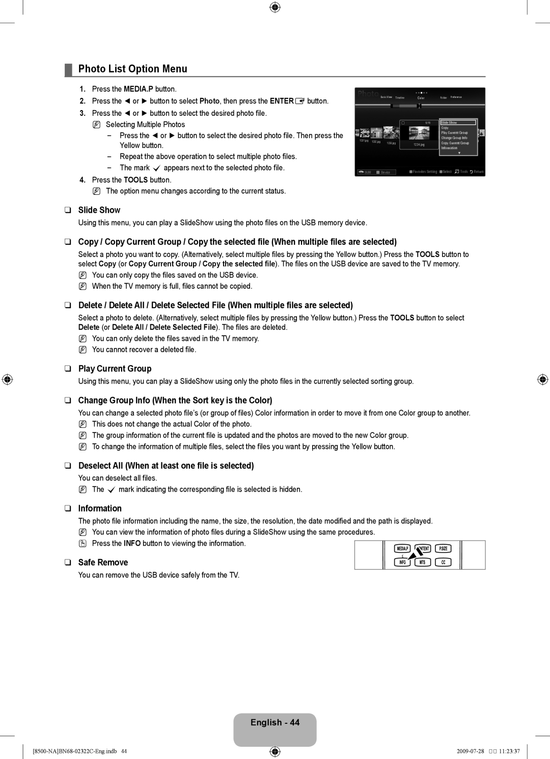 Samsung 8500 user manual Photo List Option Menu 