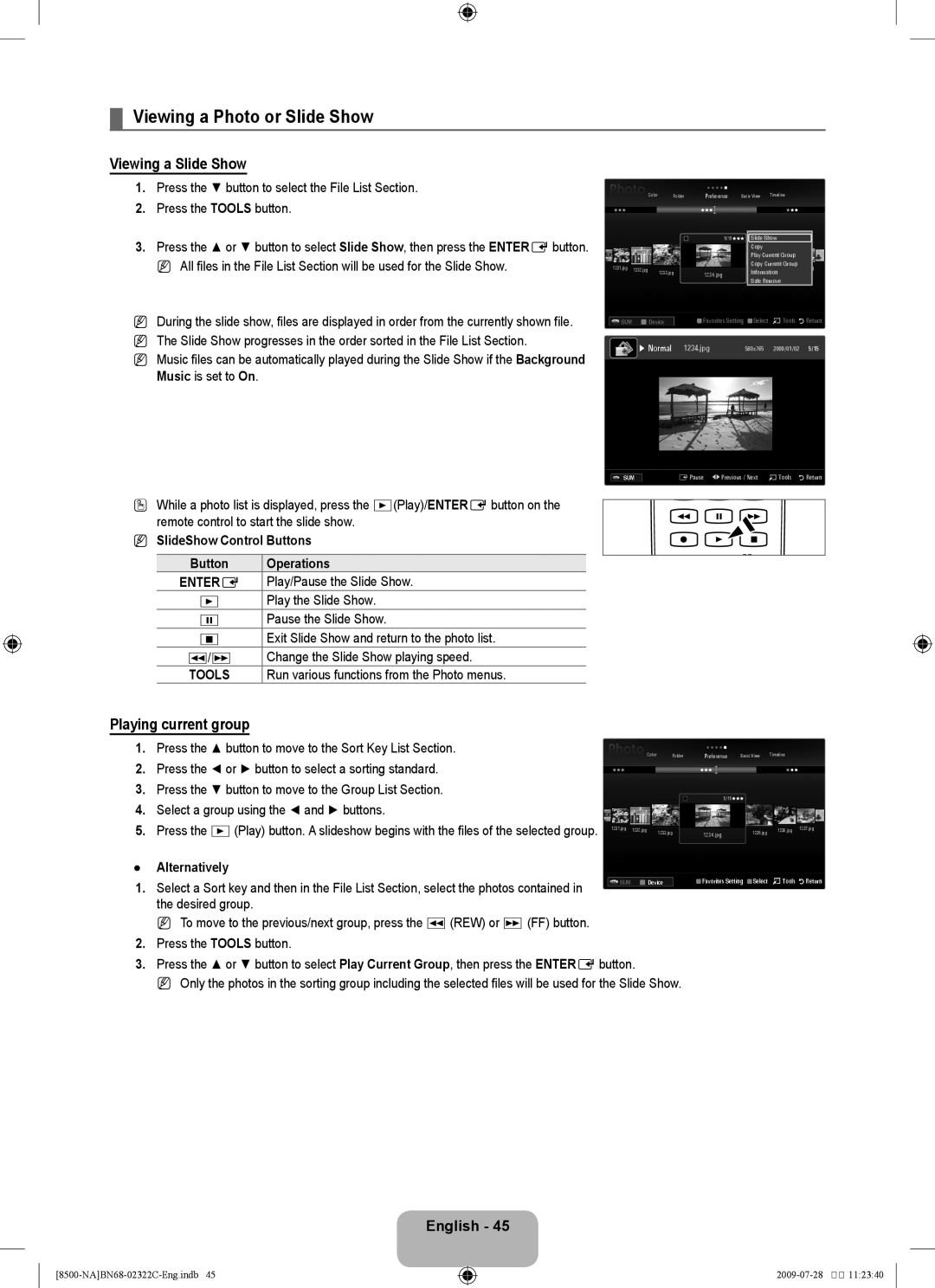 Samsung 8500 user manual Viewing a Photo or Slide Show, Viewing a Slide Show, Playing current group 