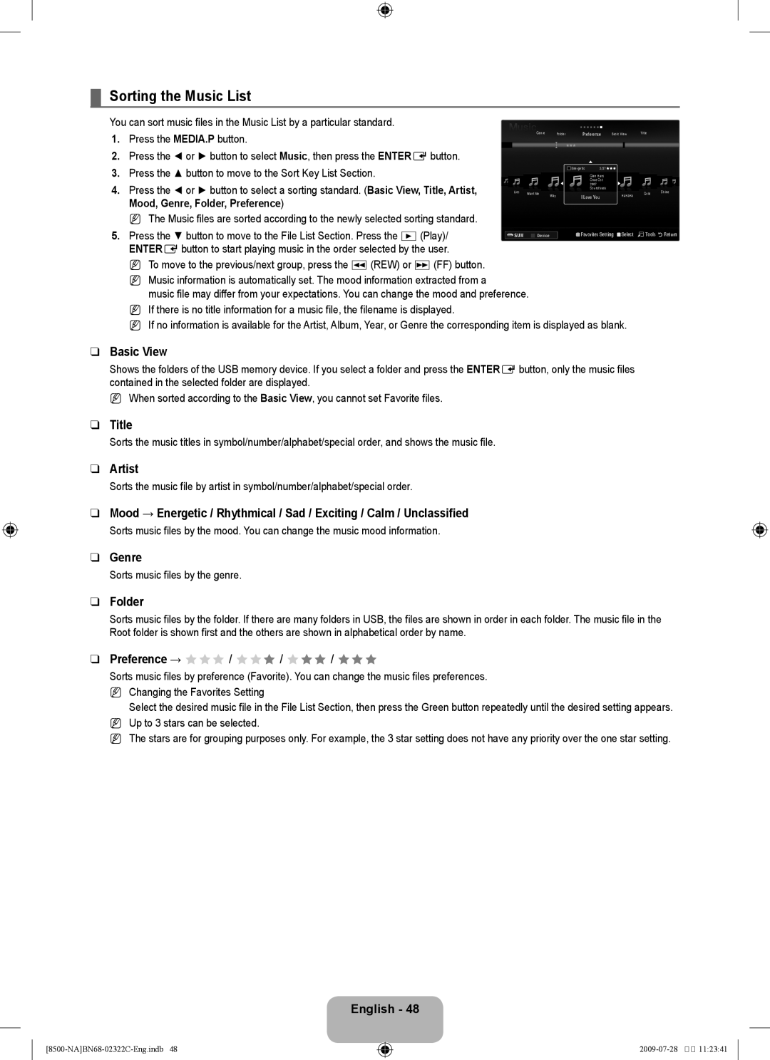 Samsung 8500 user manual Sorting the Music List, Title, Artist, Genre, Sorts music files by the genre 