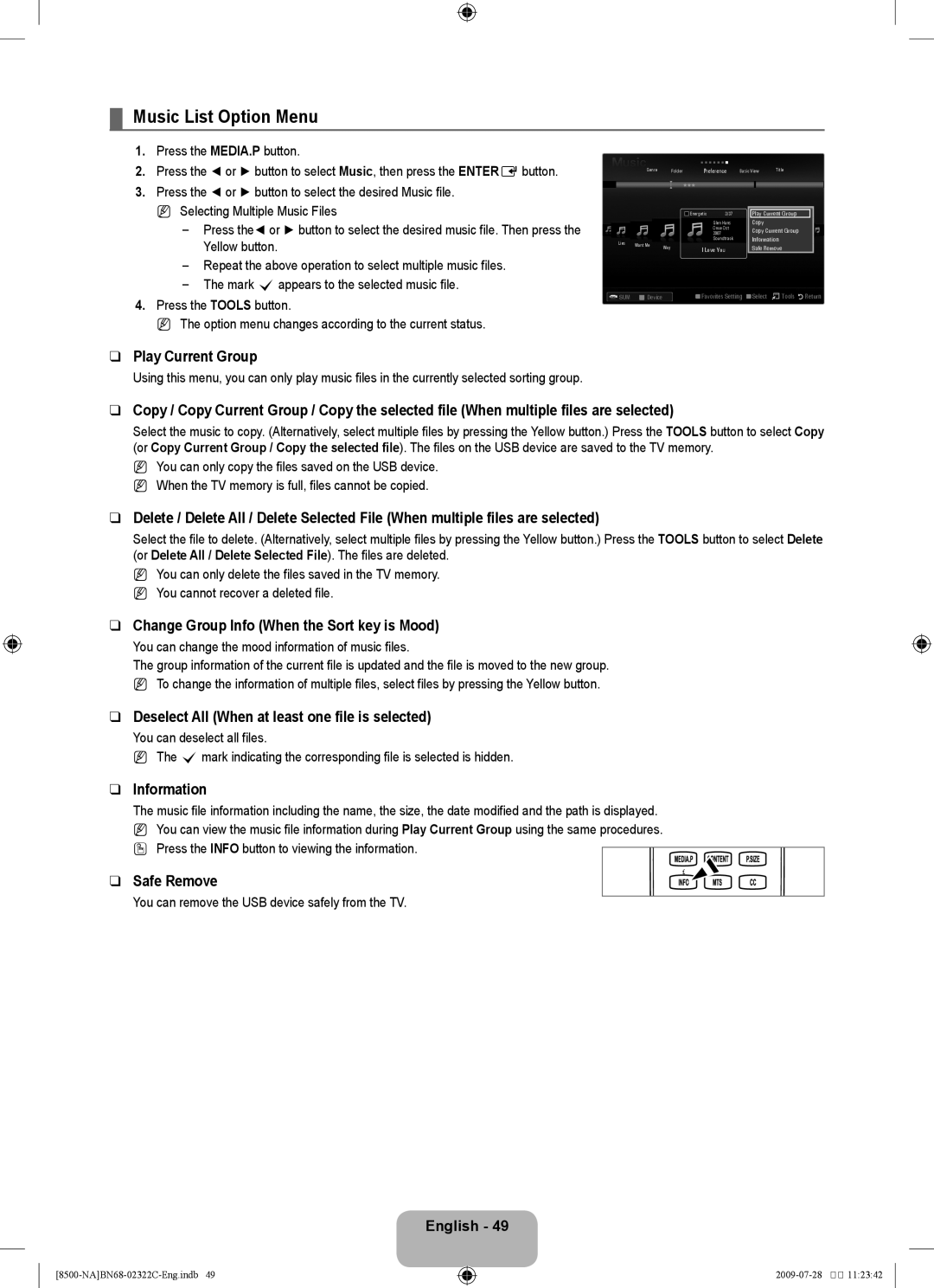 Samsung 8500 user manual Music List Option Menu, Change Group Info When the Sort key is Mood 