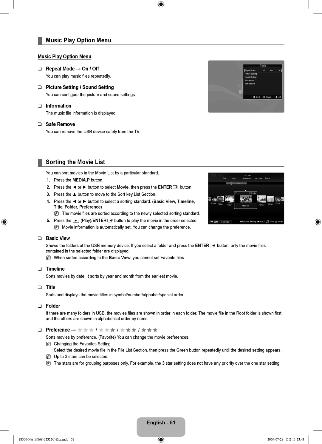 Samsung 8500 user manual Sorting the Movie List, Music Play Option Menu Repeat Mode → On / Off 