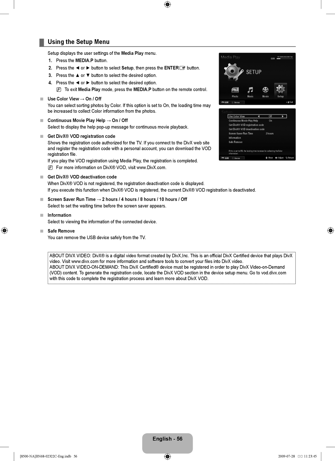 Samsung 8500 user manual Using the Setup Menu 