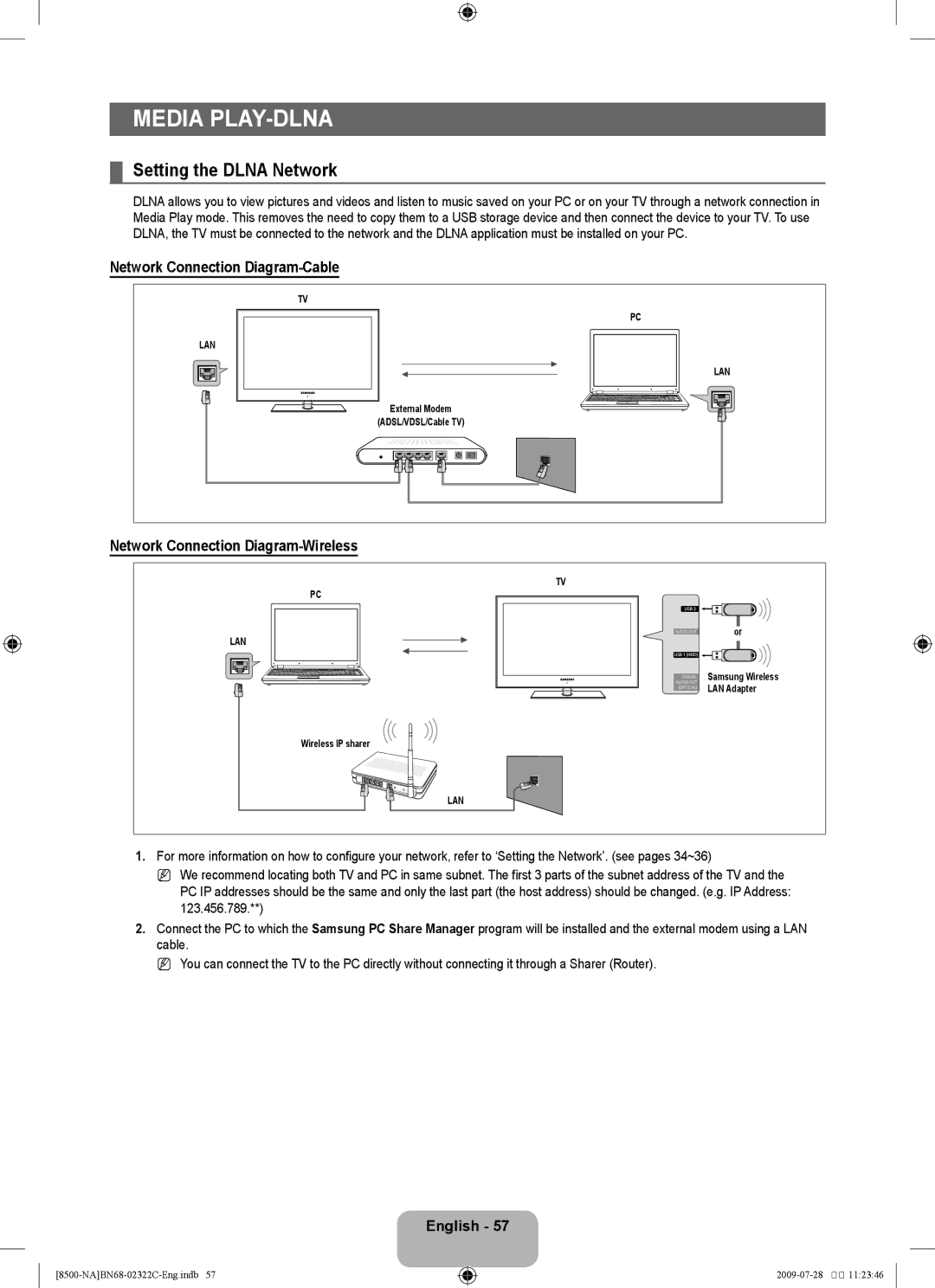 Samsung 8500 user manual Media Play-DLNA, Setting the Dlna Network, Network Connection Diagram-Cable 