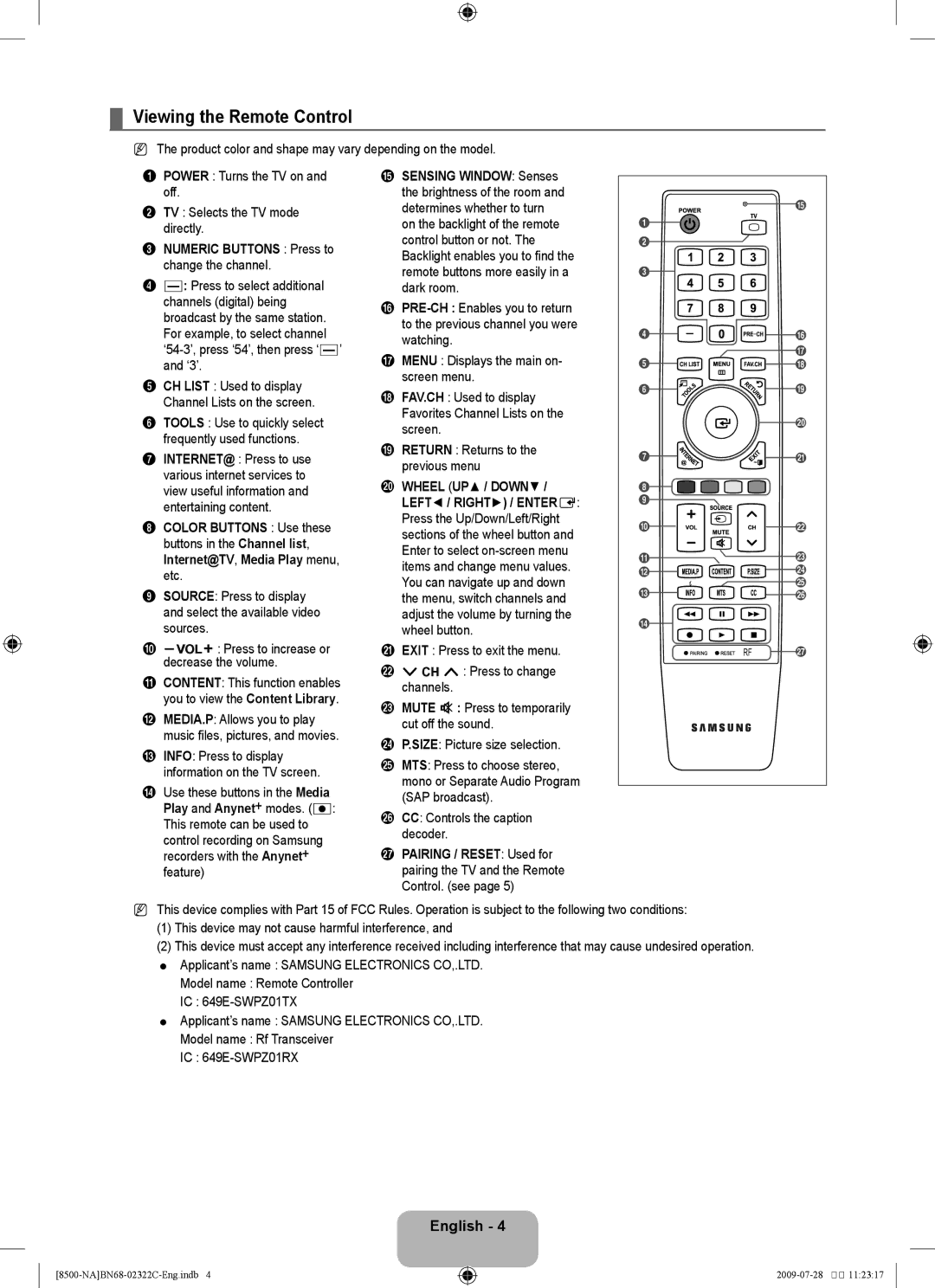 Samsung 8500 user manual Viewing the Remote Control, Numeric Buttons Press to change the channel 