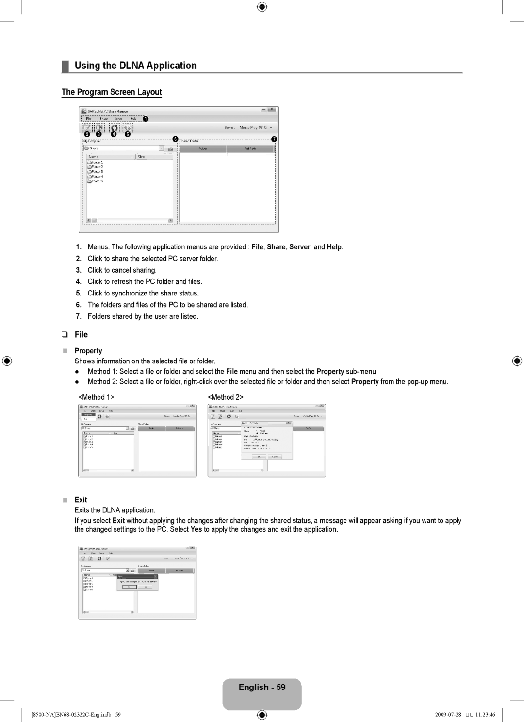 Samsung 8500 user manual Using the Dlna Application, Program Screen Layout, File, Property, Exit 