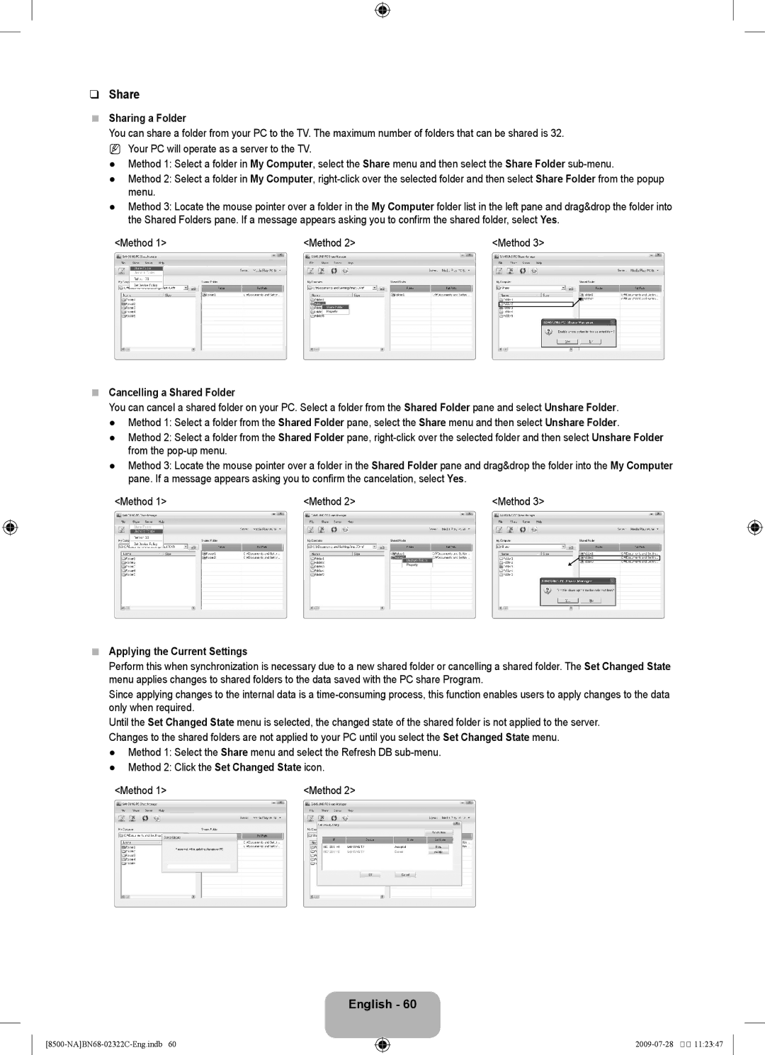 Samsung 8500 user manual Sharing a Folder, Method, Cancelling a Shared Folder, Applying the Current Settings 