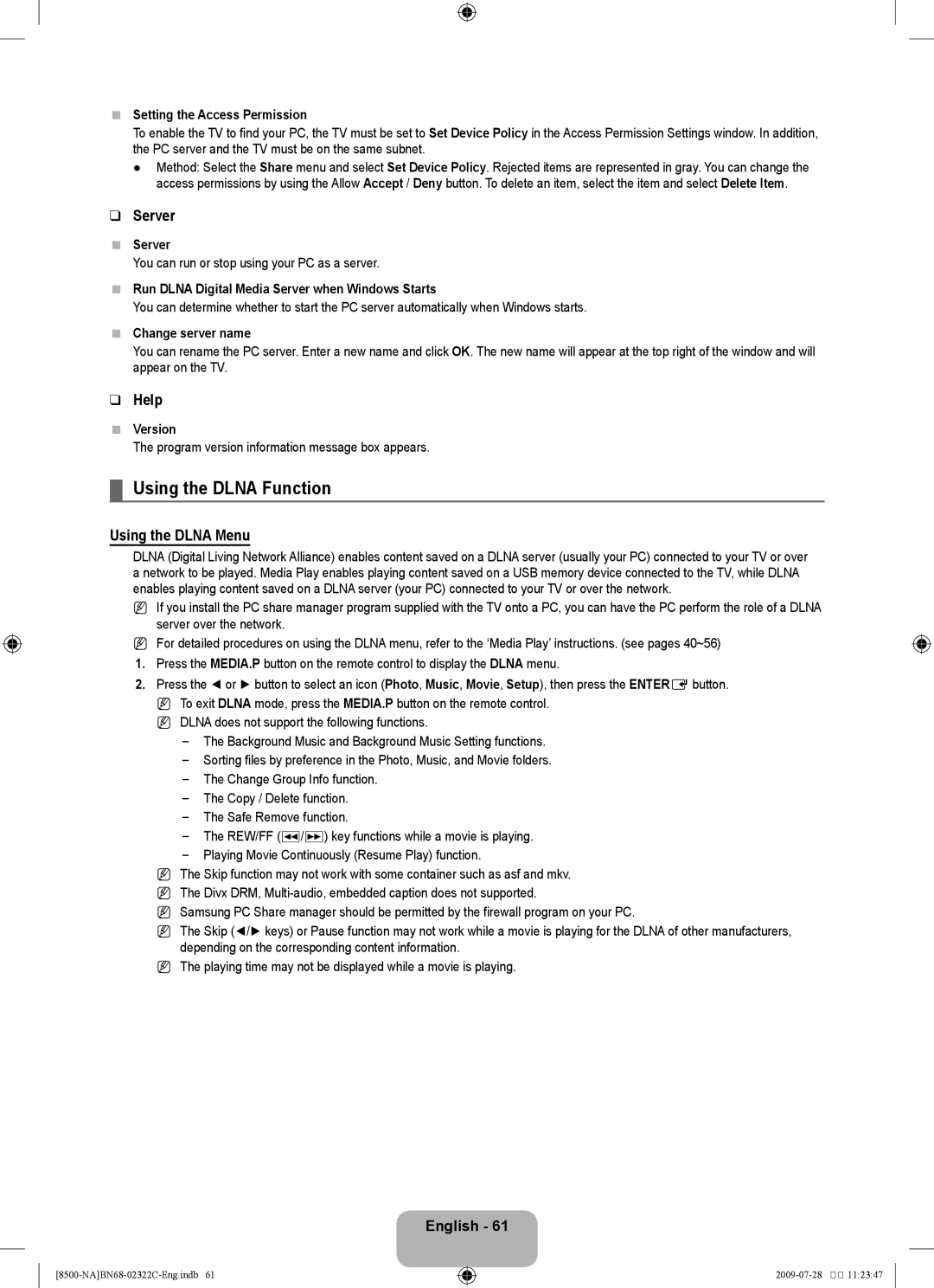 Samsung 8500 user manual Using the Dlna Function, Server, Help, Using the Dlna Menu 