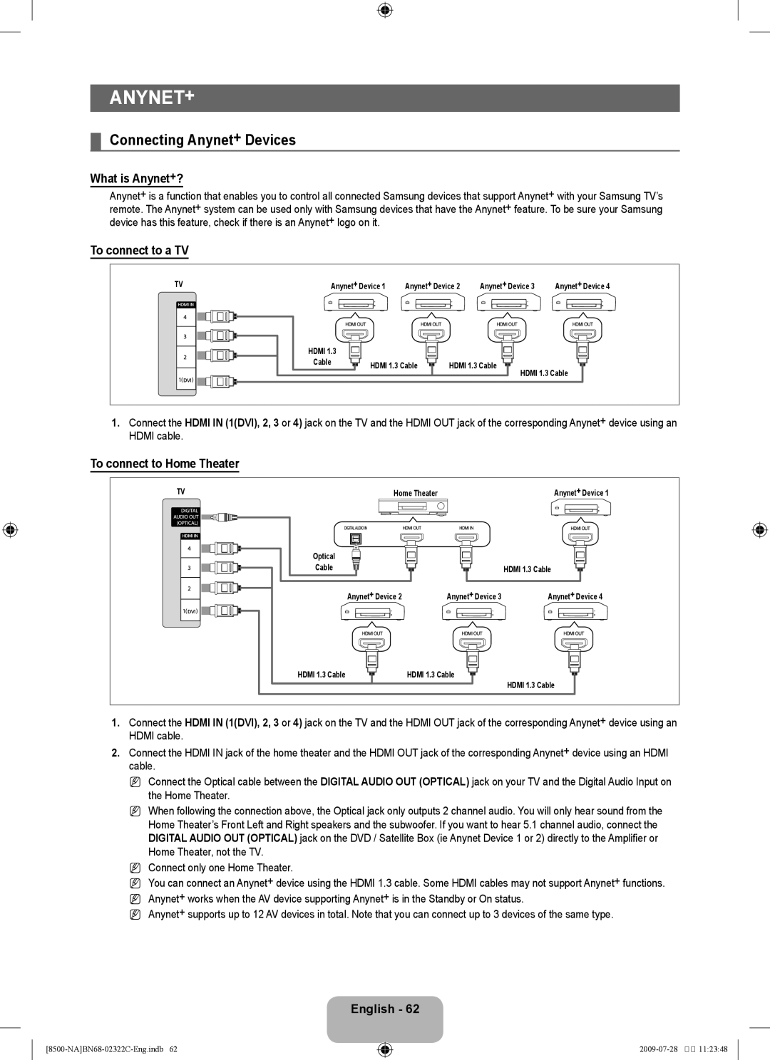 Samsung 8500 user manual Connecting Anynet+ Devices, What is Anynet+?, To connect to a TV, To connect to Home Theater 