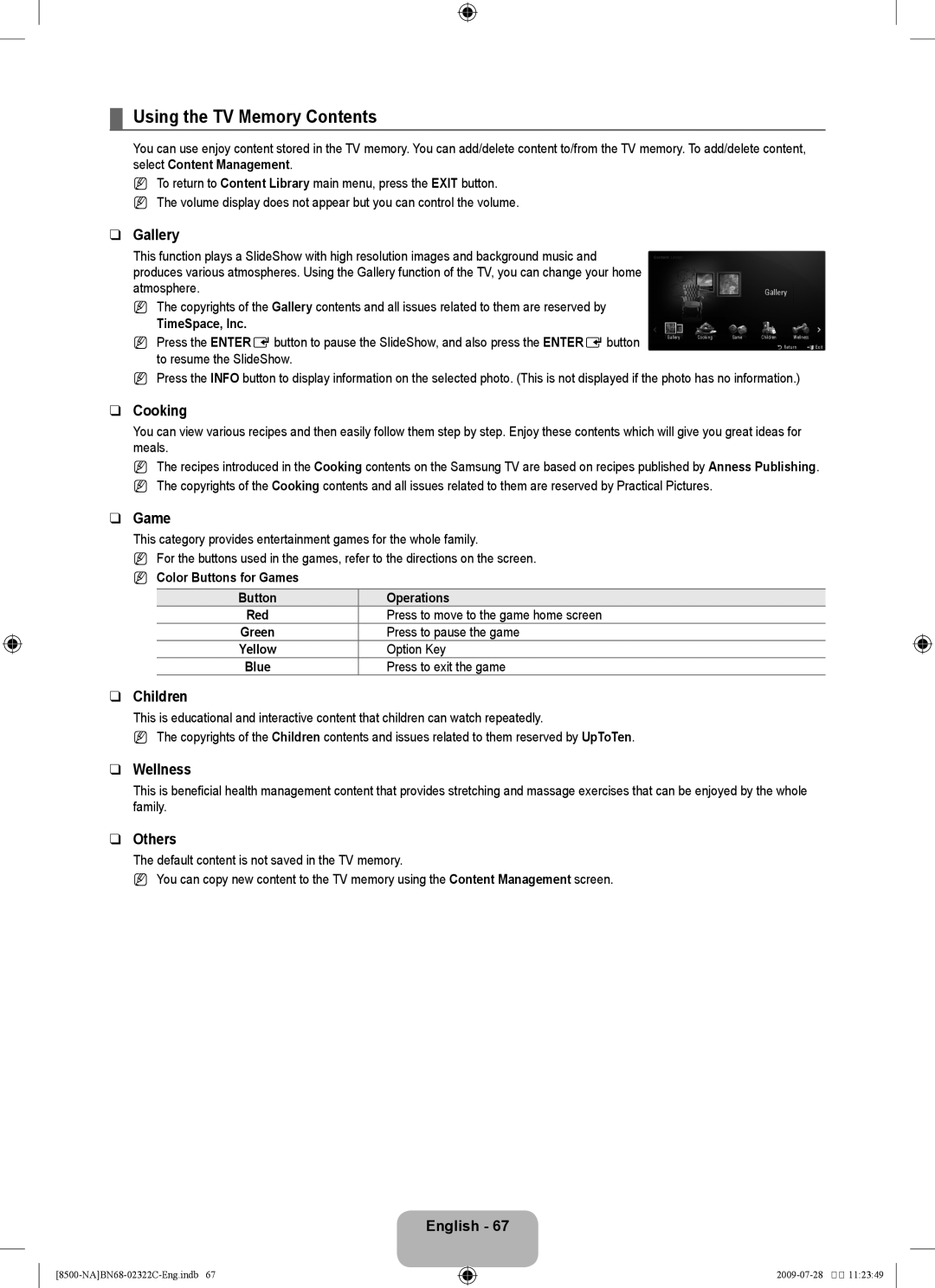 Samsung 8500 user manual Using the TV Memory Contents 