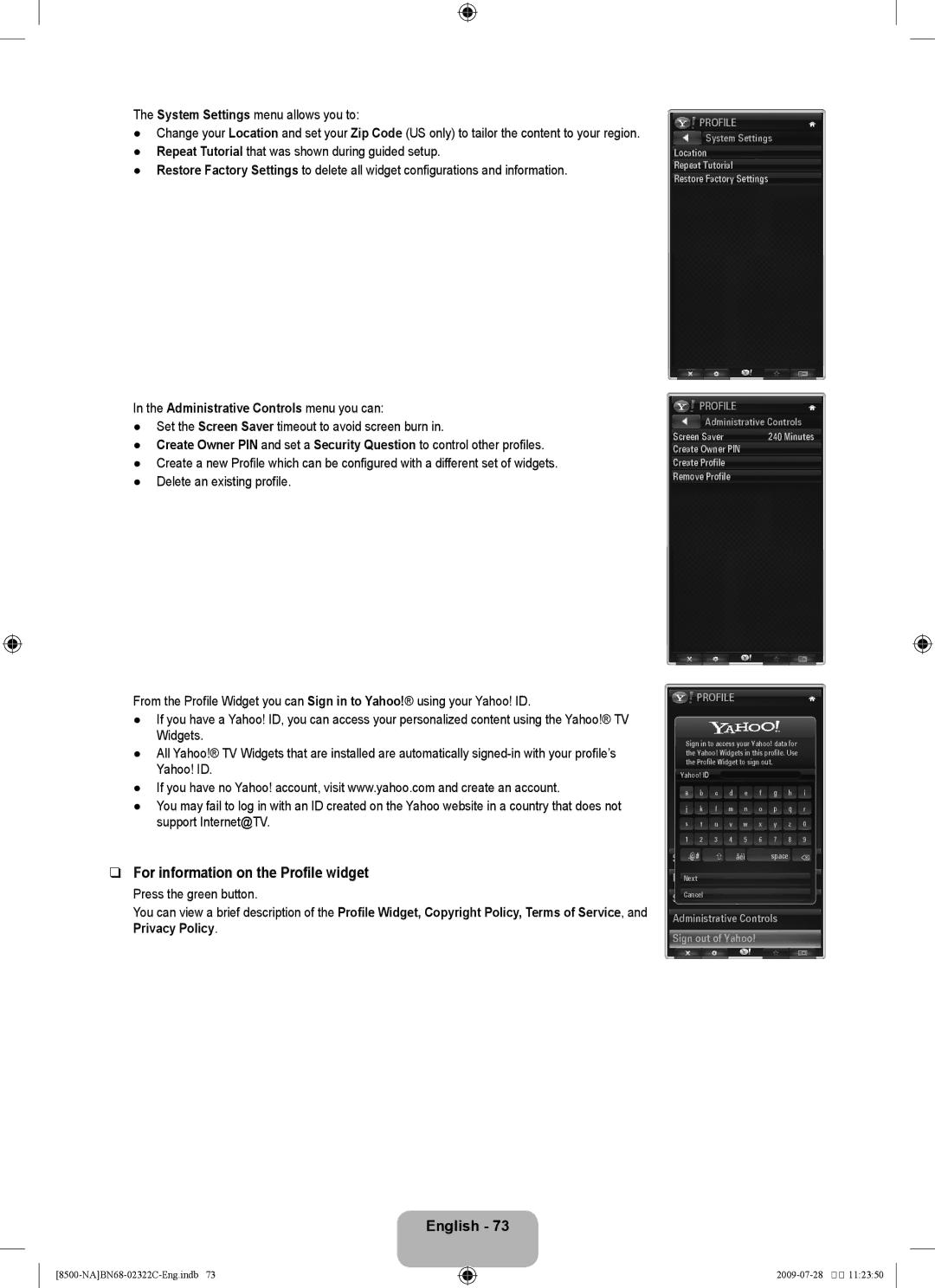 Samsung 8500 user manual For information on the Profile widget, System Settings menu allows you to, Ãéì Space 