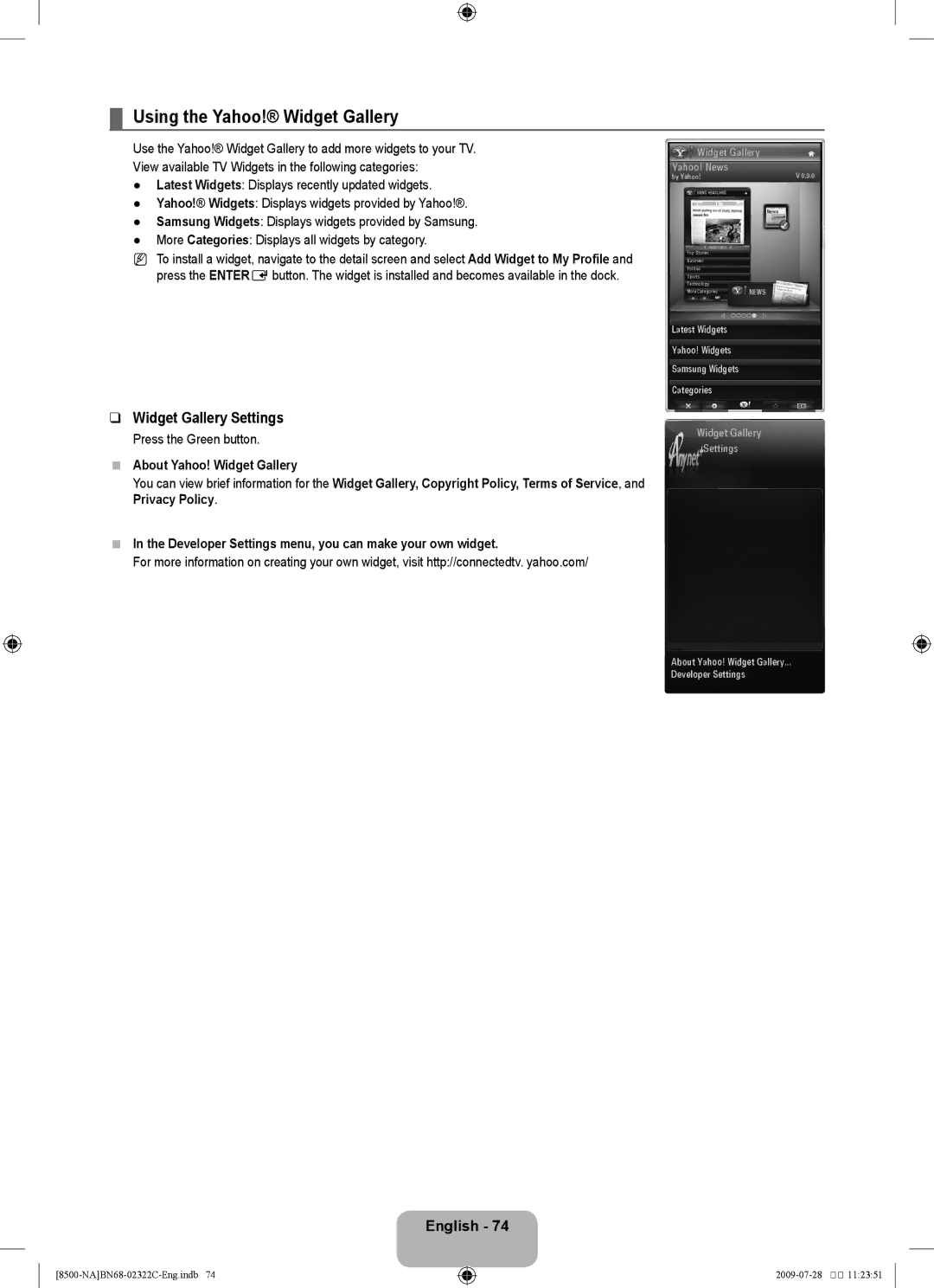 Samsung 8500 user manual Using the Yahoo! Widget Gallery, Widget Gallery Settings, Press the Green button 