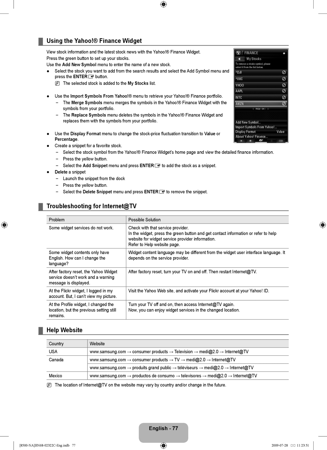 Samsung 8500 user manual Using the Yahoo! Finance Widget, Troubleshooting for Internet@TV, Help Website 