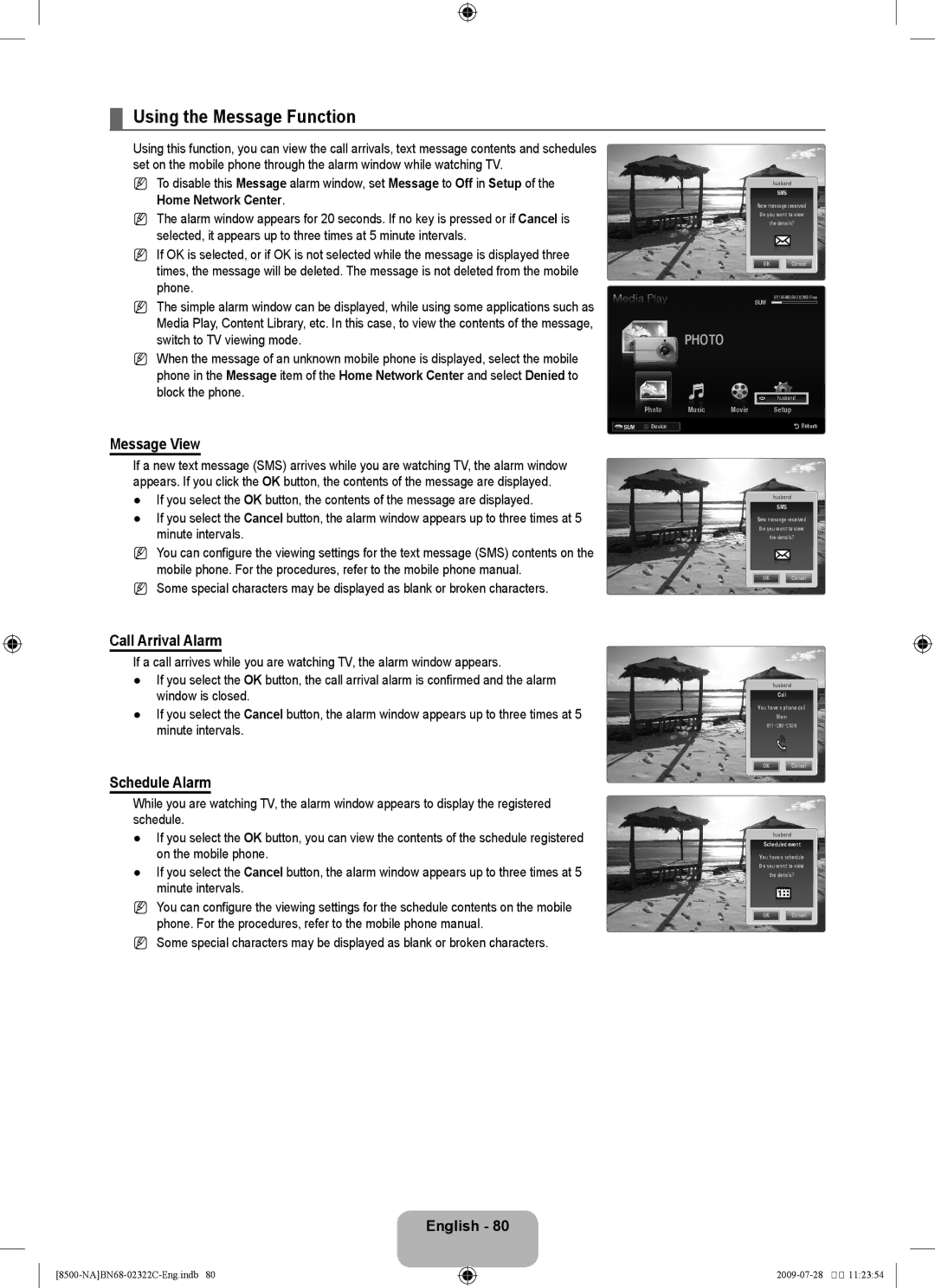 Samsung 8500 Using the Message Function, Message View, Call Arrival Alarm, Schedule Alarm, Switch to TV viewing mode 