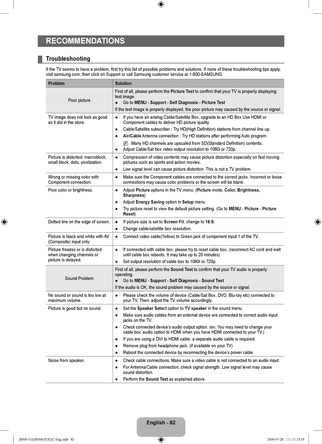 Samsung 8500 user manual Recommendations, Troubleshooting 