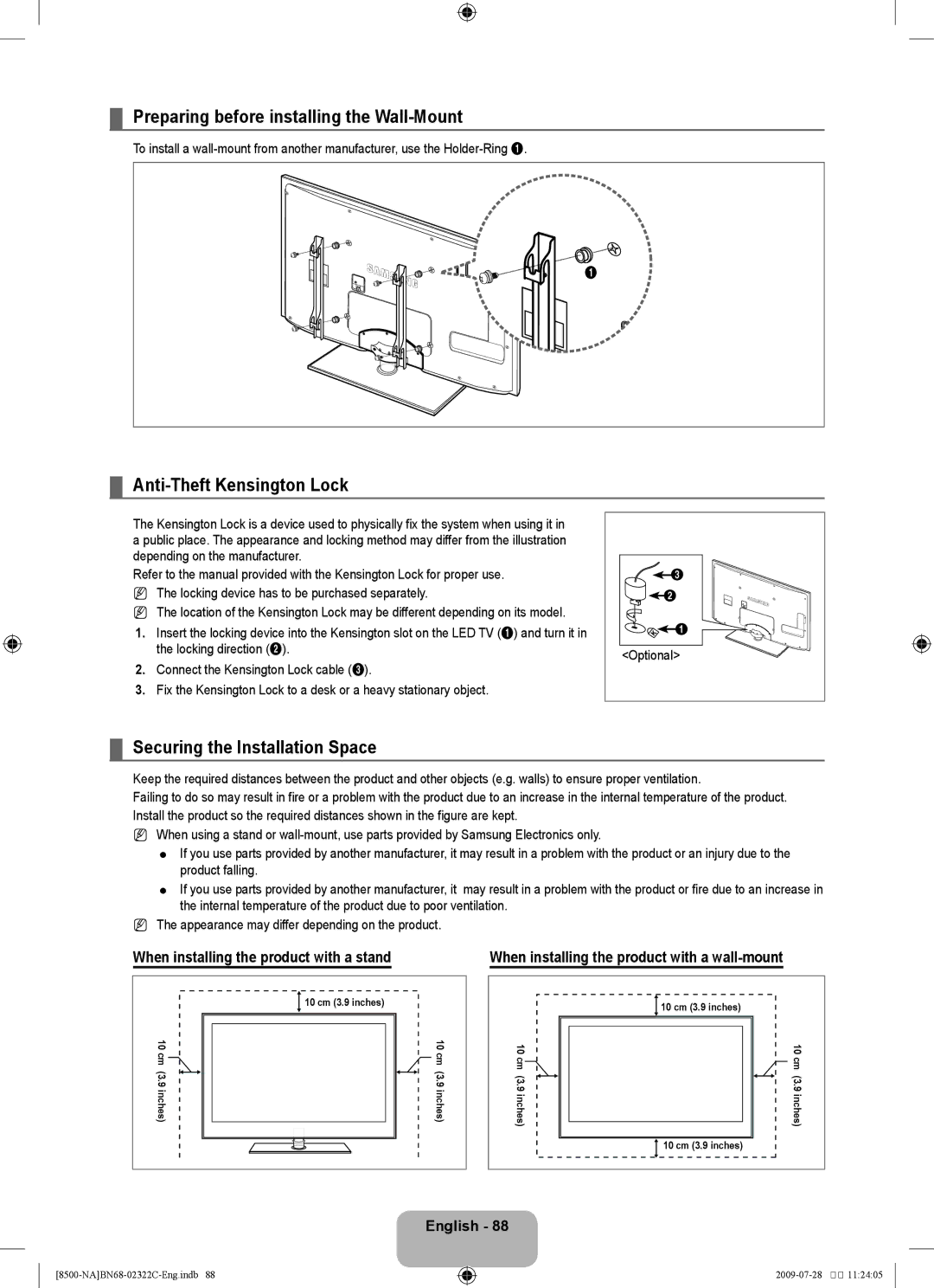 Samsung 8500 Preparing before installing the Wall-Mount, Anti-Theft kensington Lock, Securing the Installation Space 