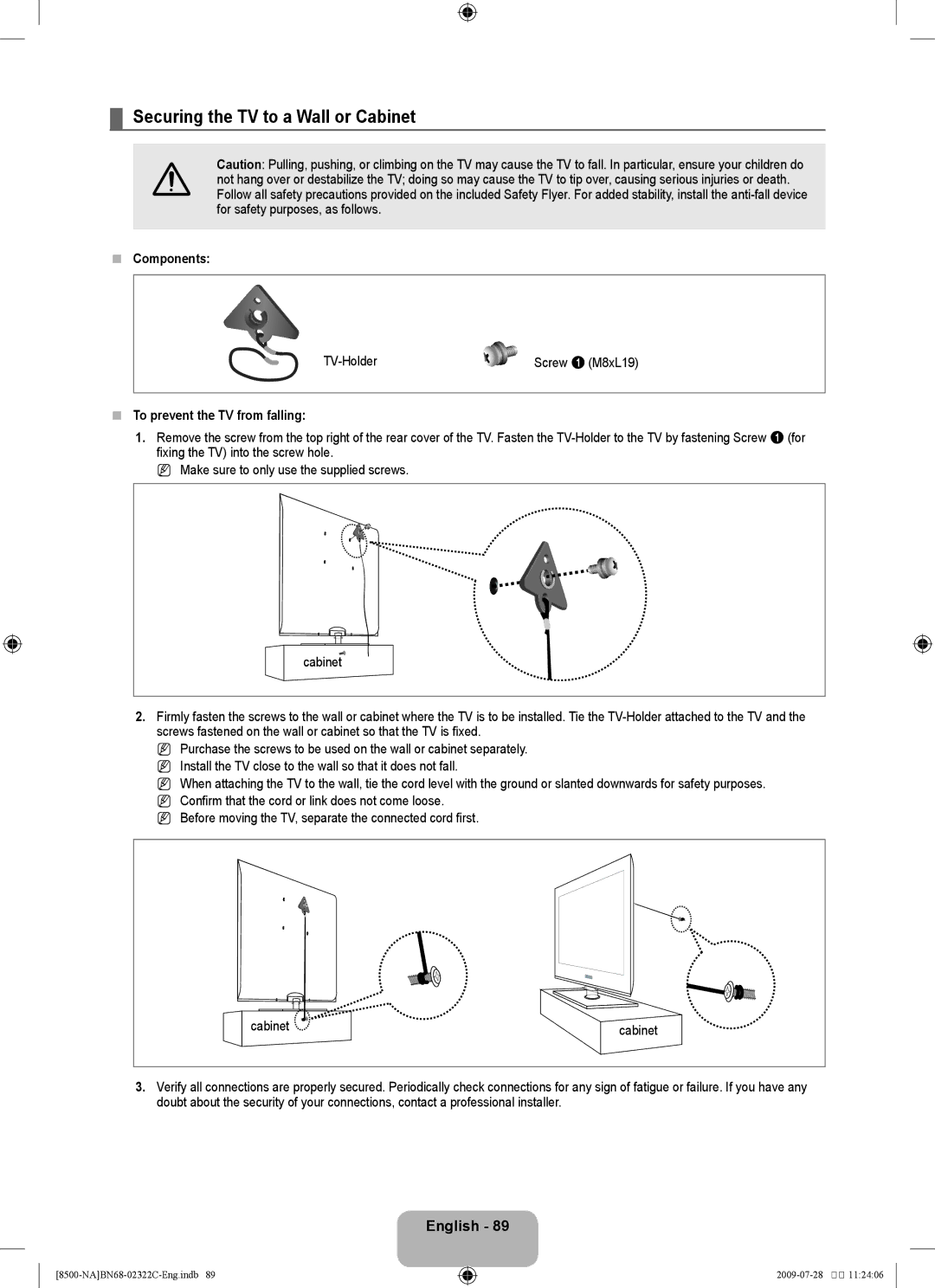 Samsung 8500 user manual Securing the TV to a Wall or Cabinet,  Components, TV-Holder,  To prevent the TV from falling 