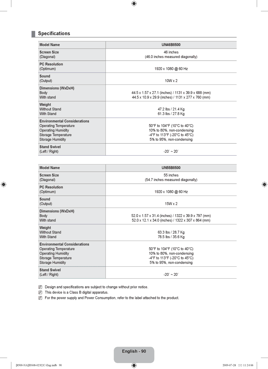 Samsung 8500 user manual Specifications 